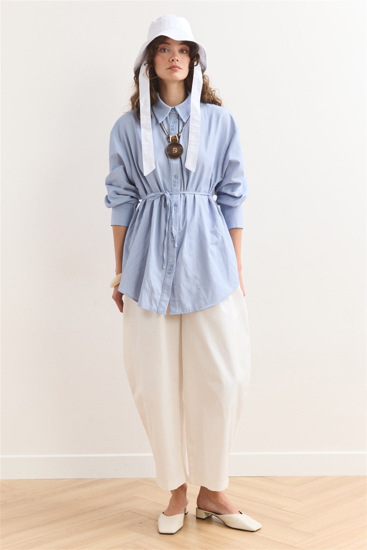 Düğme Detay Çizgili Gömlek - Açık Mavi