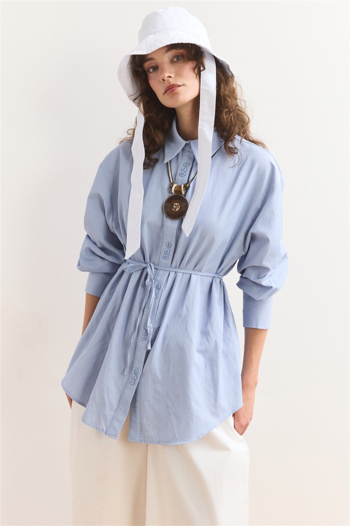 Düğme Detay Çizgili Gömlek - Açık Mavi