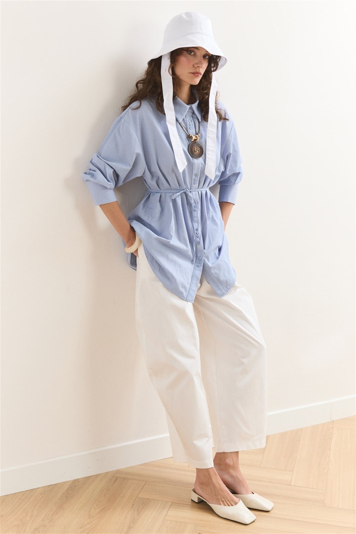 Düğme Detay Çizgili Gömlek - Açık Mavi