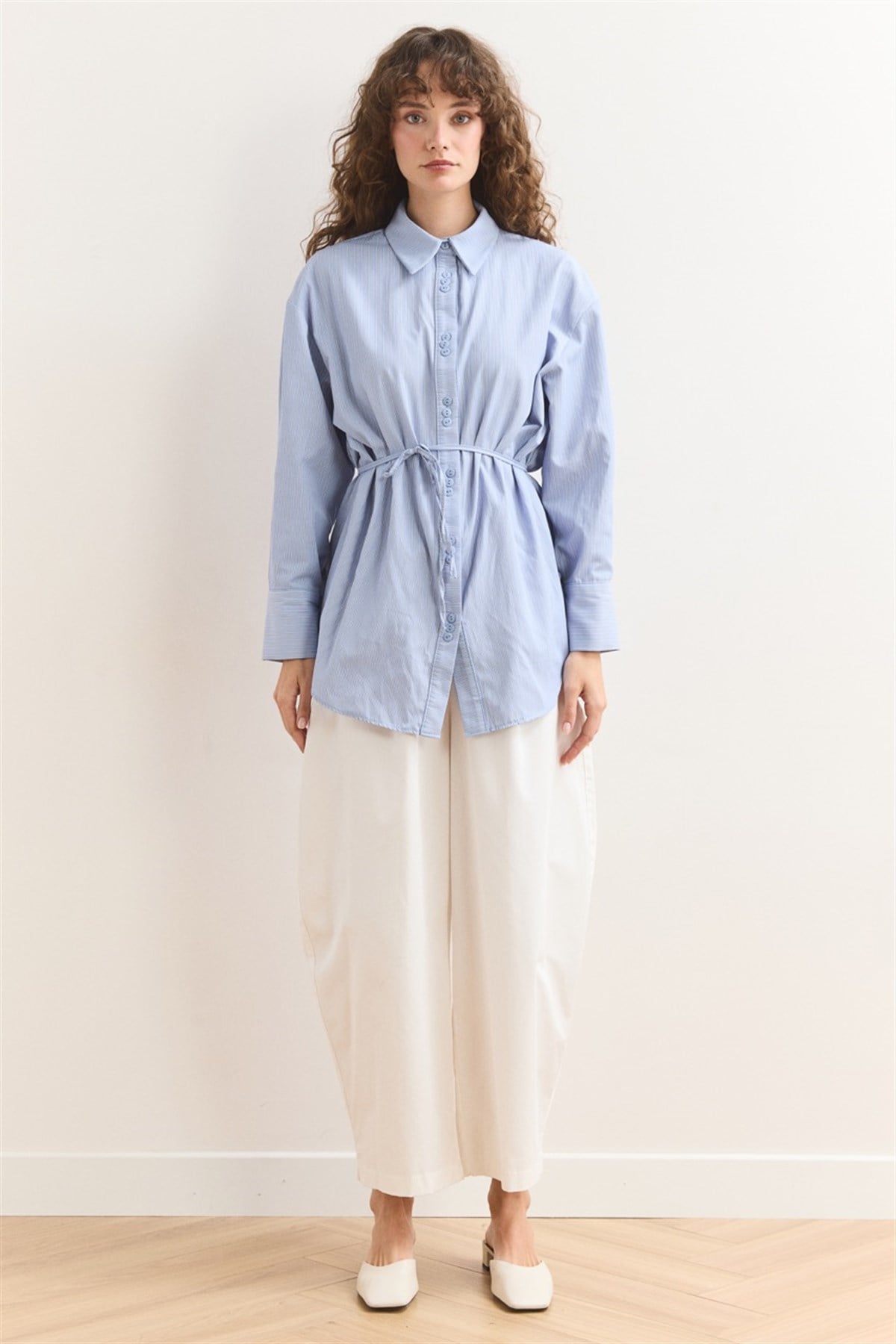 Düğme Detay Çizgili Gömlek - Açık Mavi