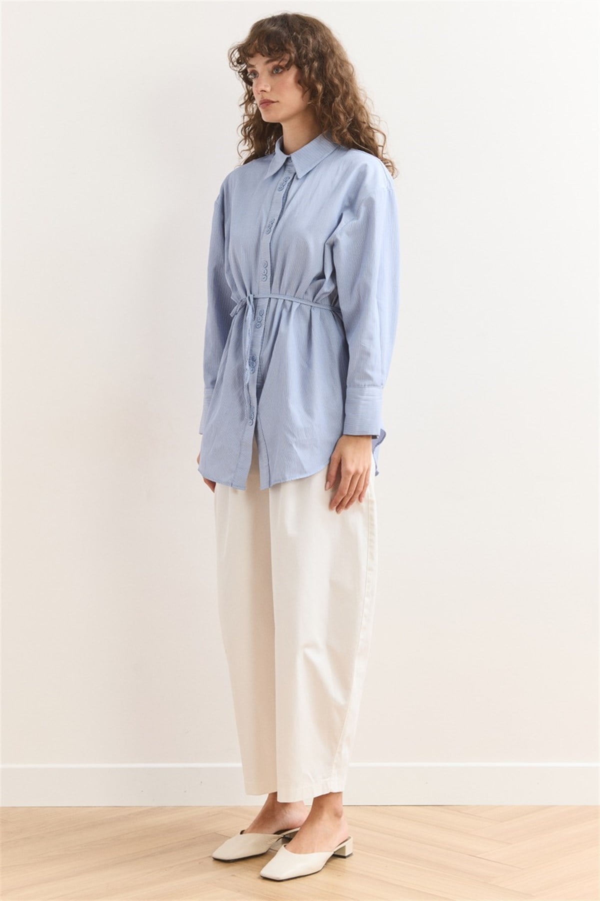 Düğme Detay Çizgili Gömlek - Açık Mavi