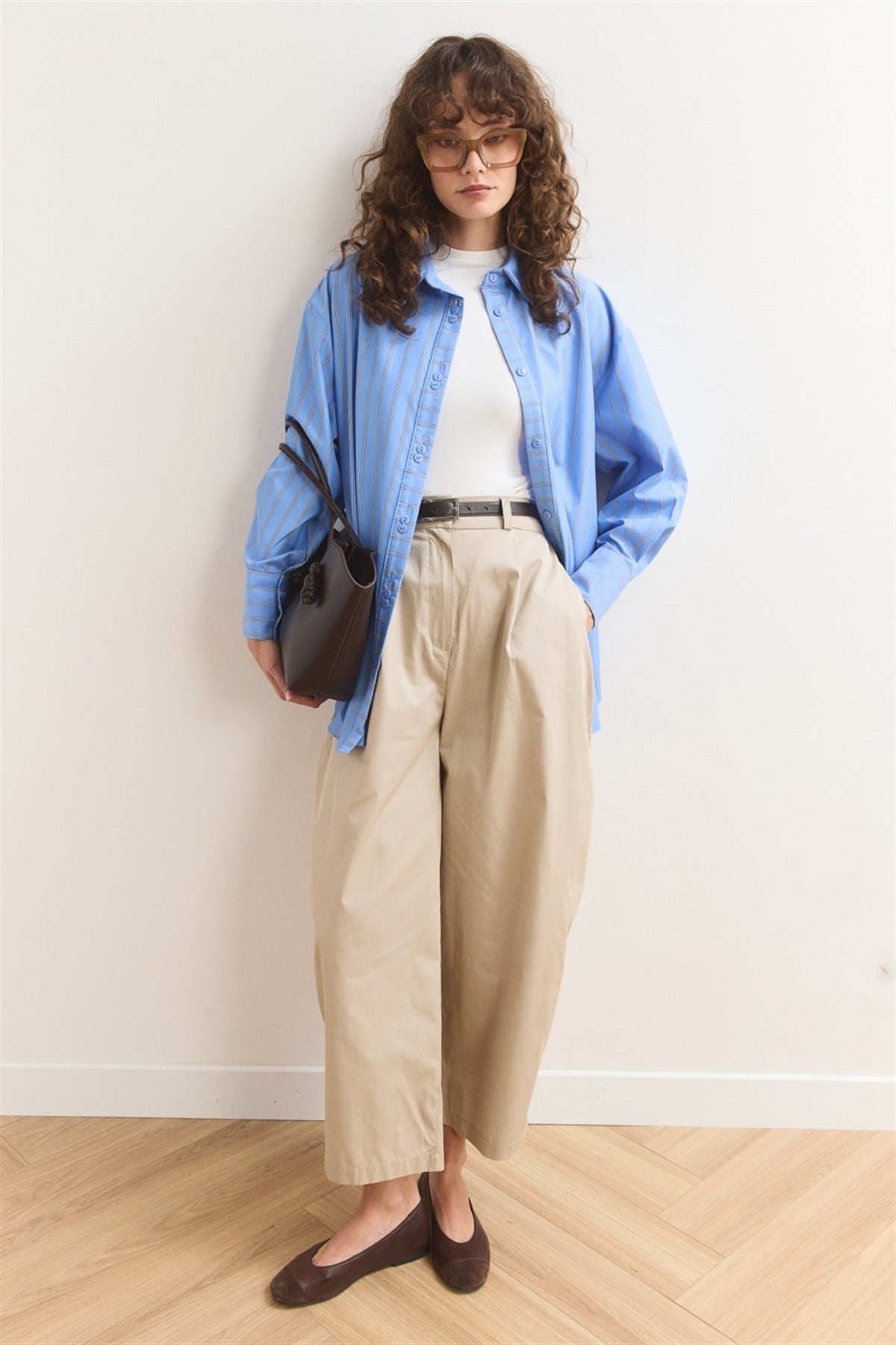 Düğme Detay Çizgili Gömlek - Koyu Mavi