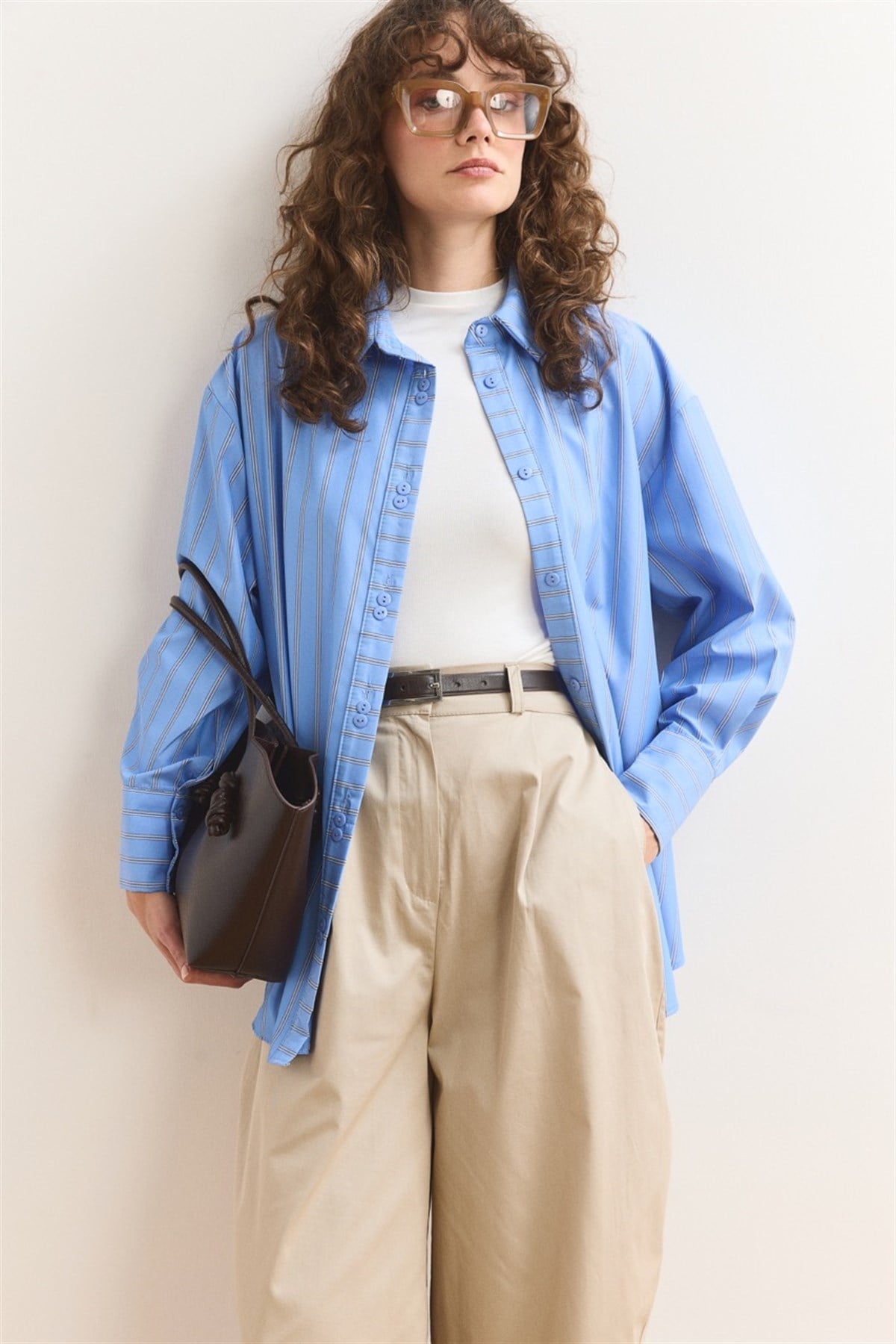 Düğme Detay Çizgili Gömlek - Koyu Mavi