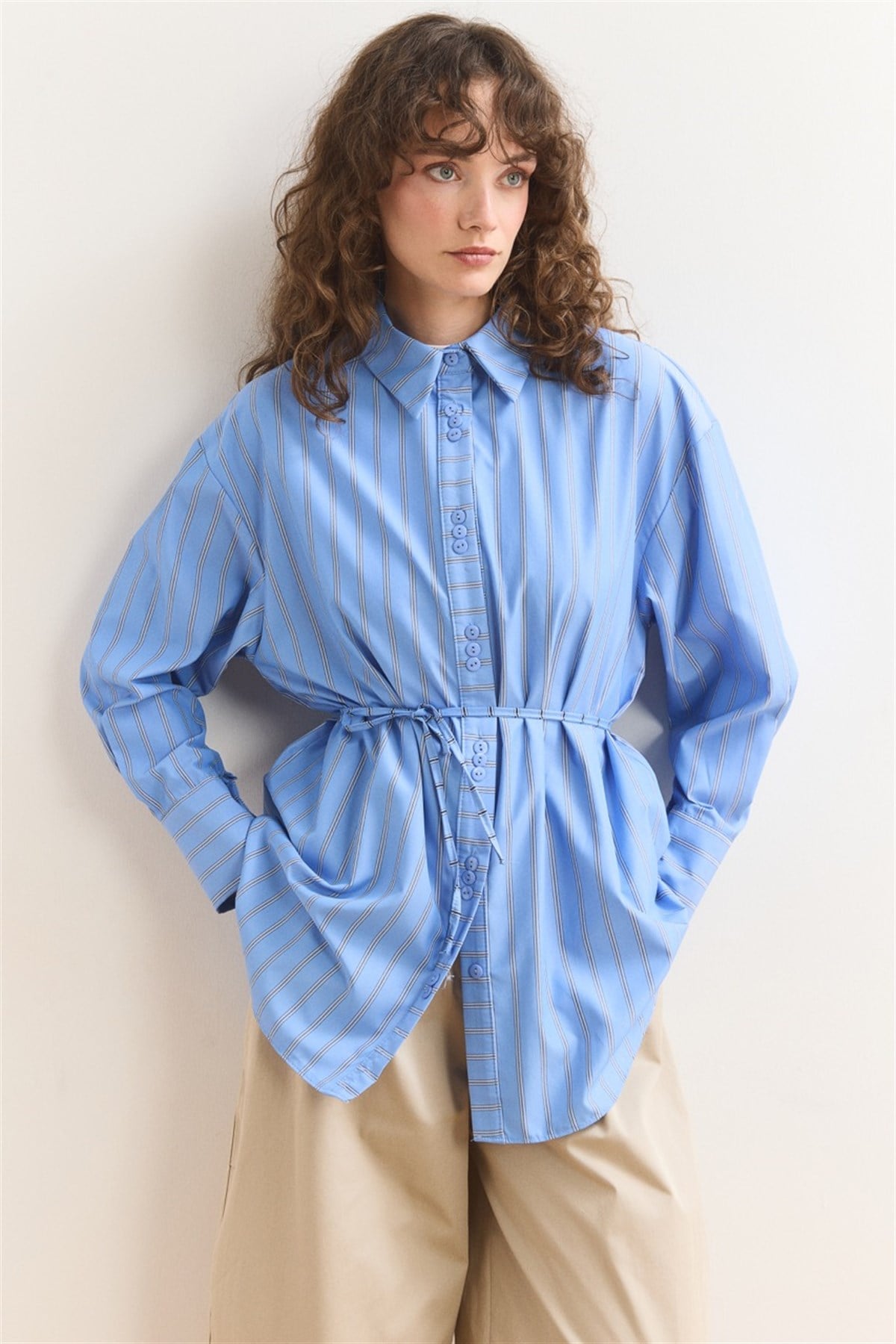 Düğme Detay Çizgili Gömlek - Koyu Mavi