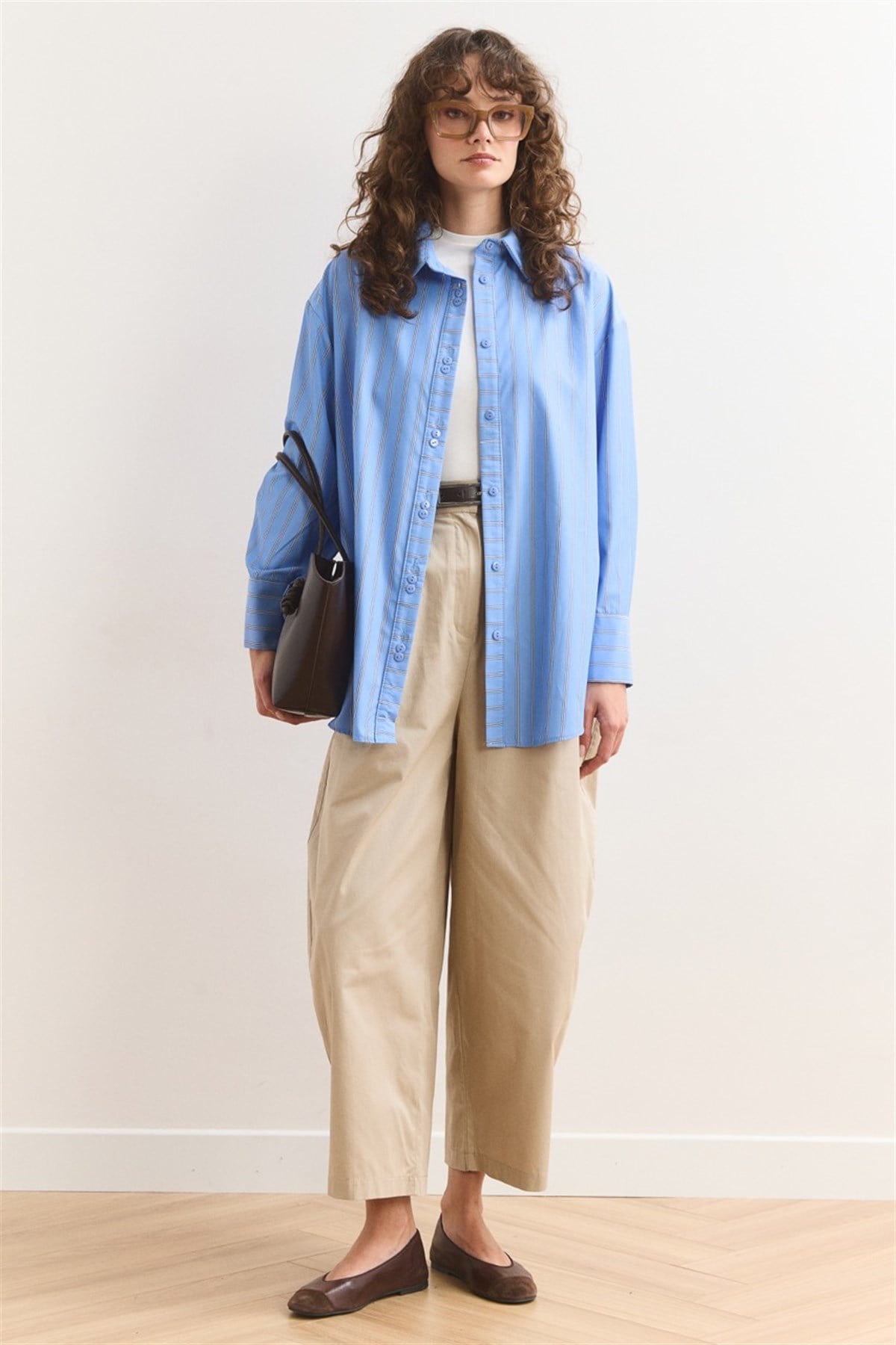 Düğme Detay Çizgili Gömlek - Koyu Mavi