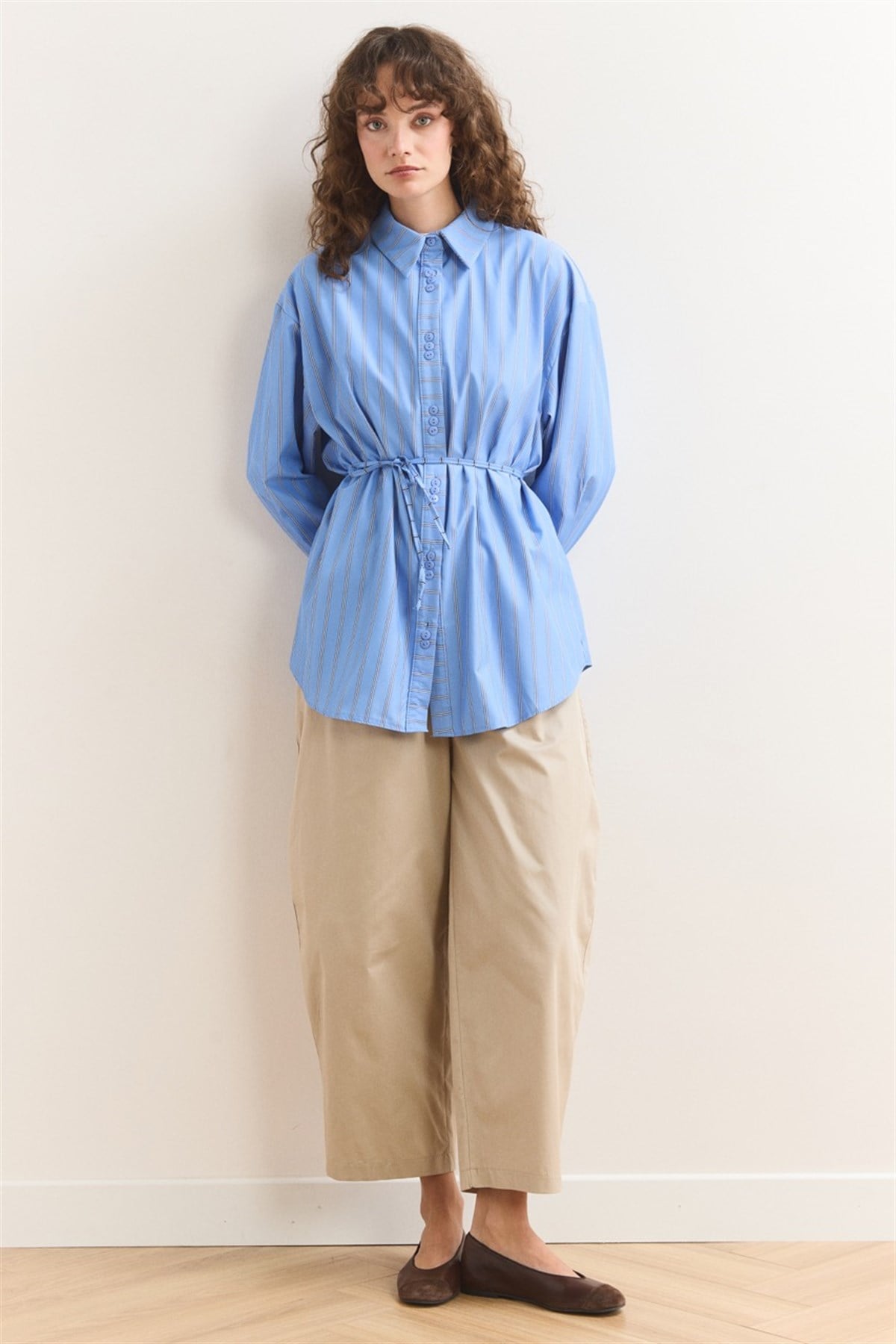 Düğme Detay Çizgili Gömlek - Koyu Mavi