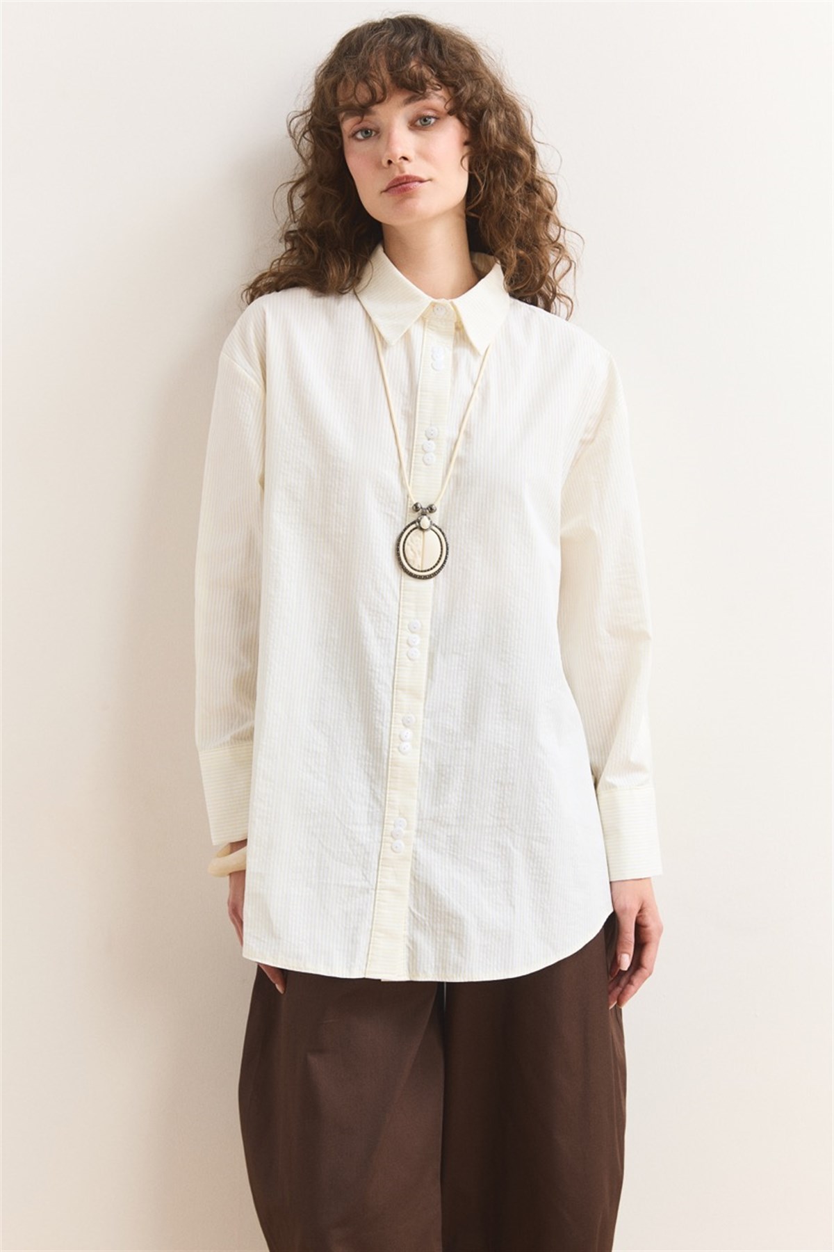 Düğme Detay Çizgili Gömlek - Sarı