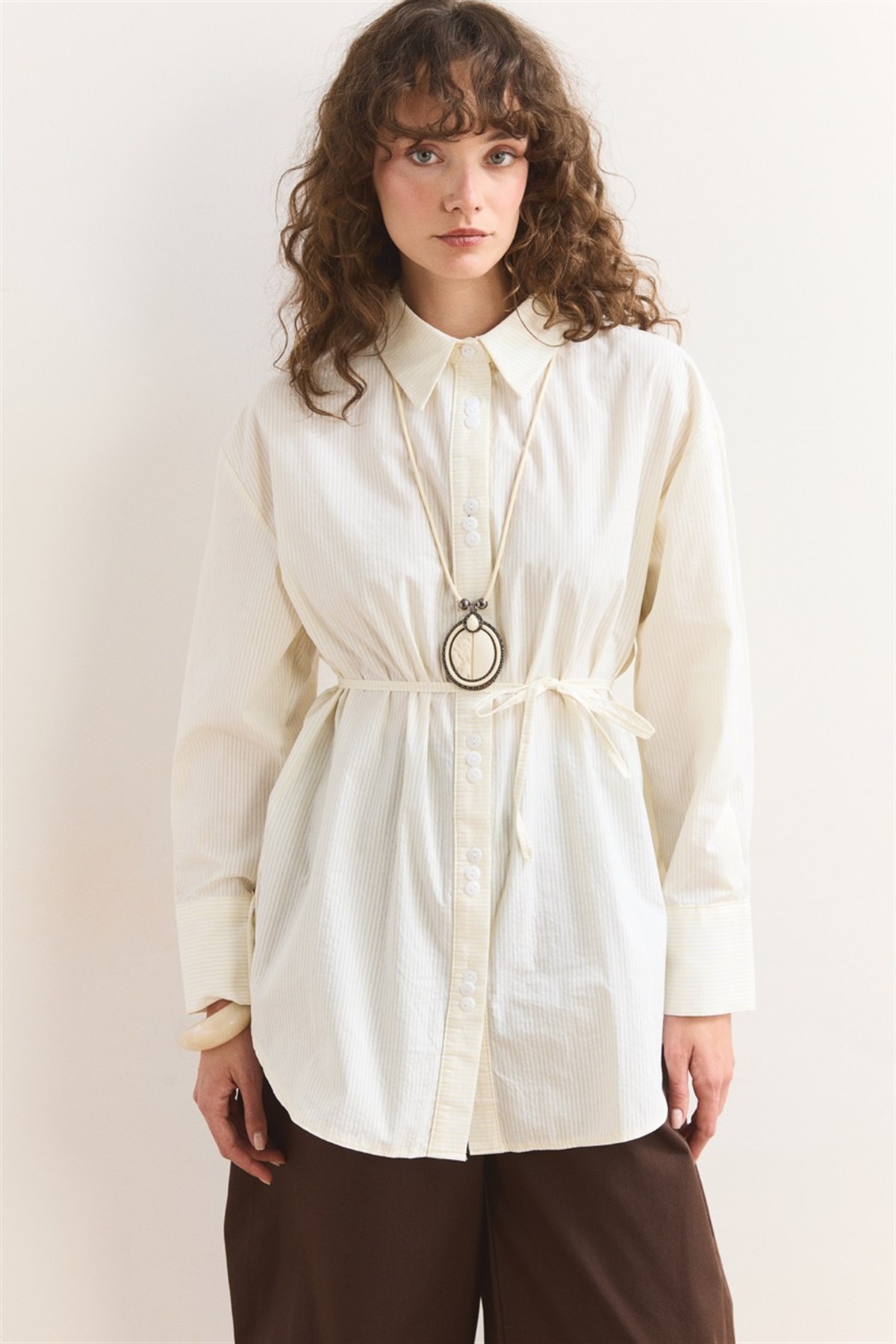 Düğme Detay Çizgili Gömlek - Sarı