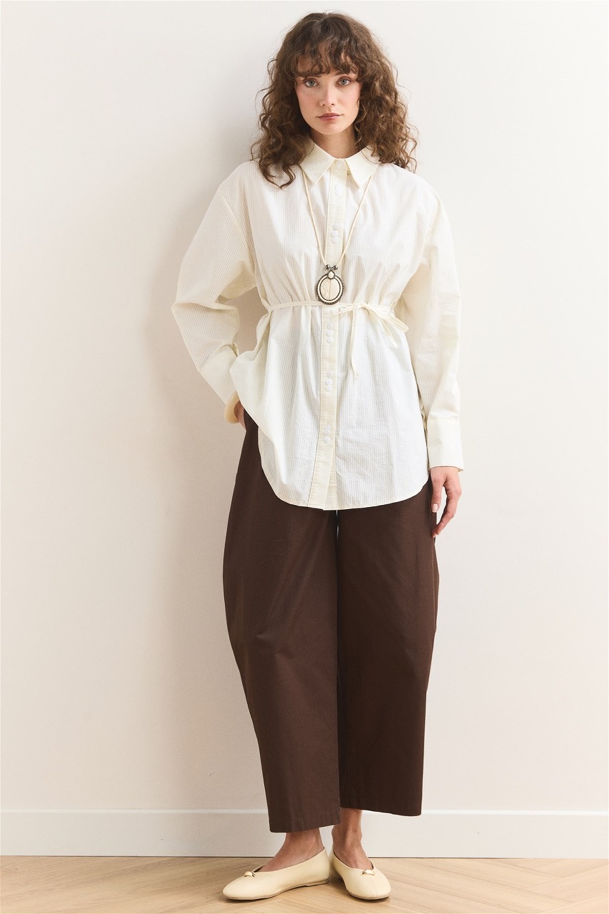 Düğme Detay Çizgili Gömlek - Sarı