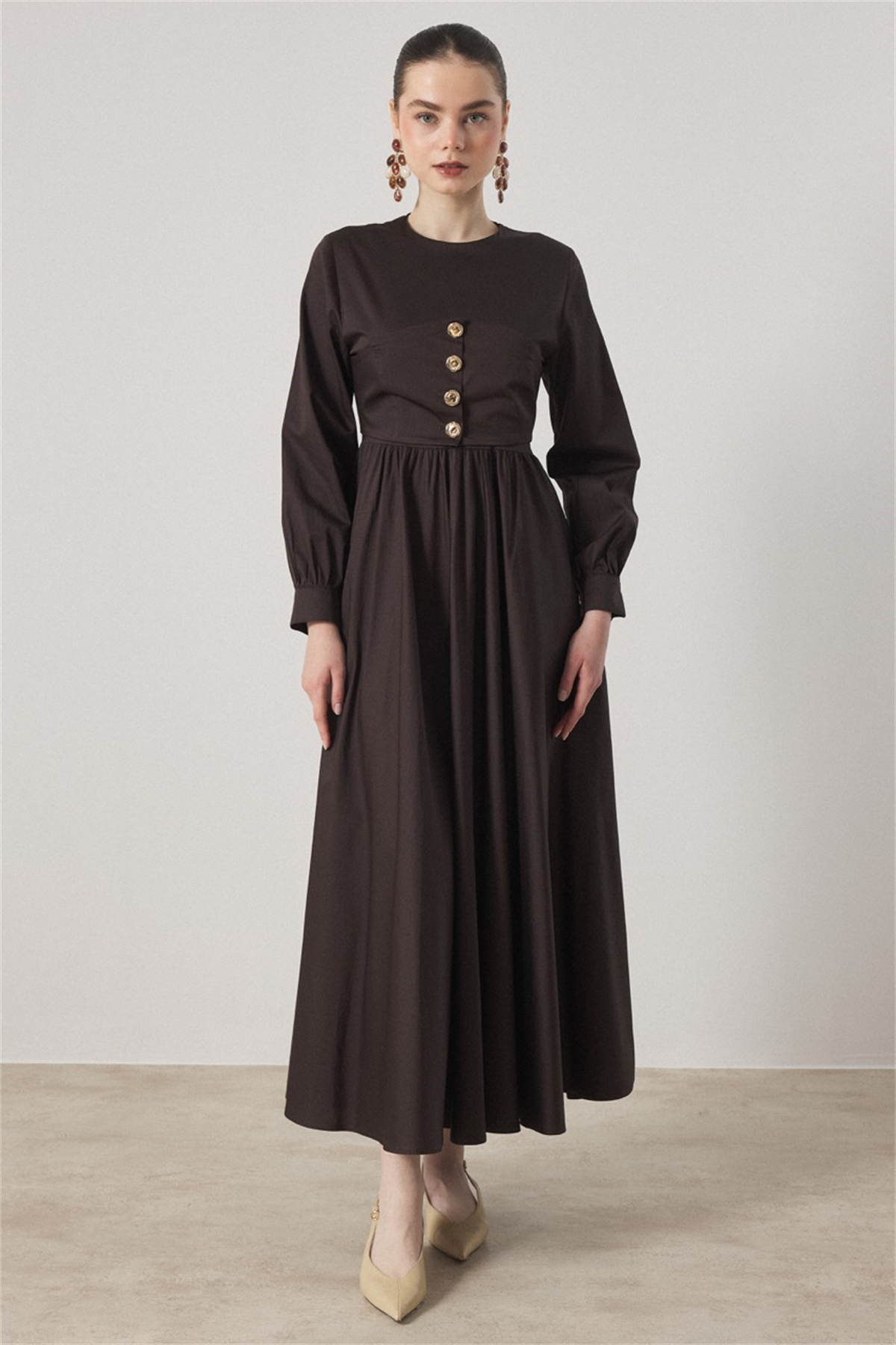 Düğme Detaylı Compact Saten Elbise - Acı Kahve