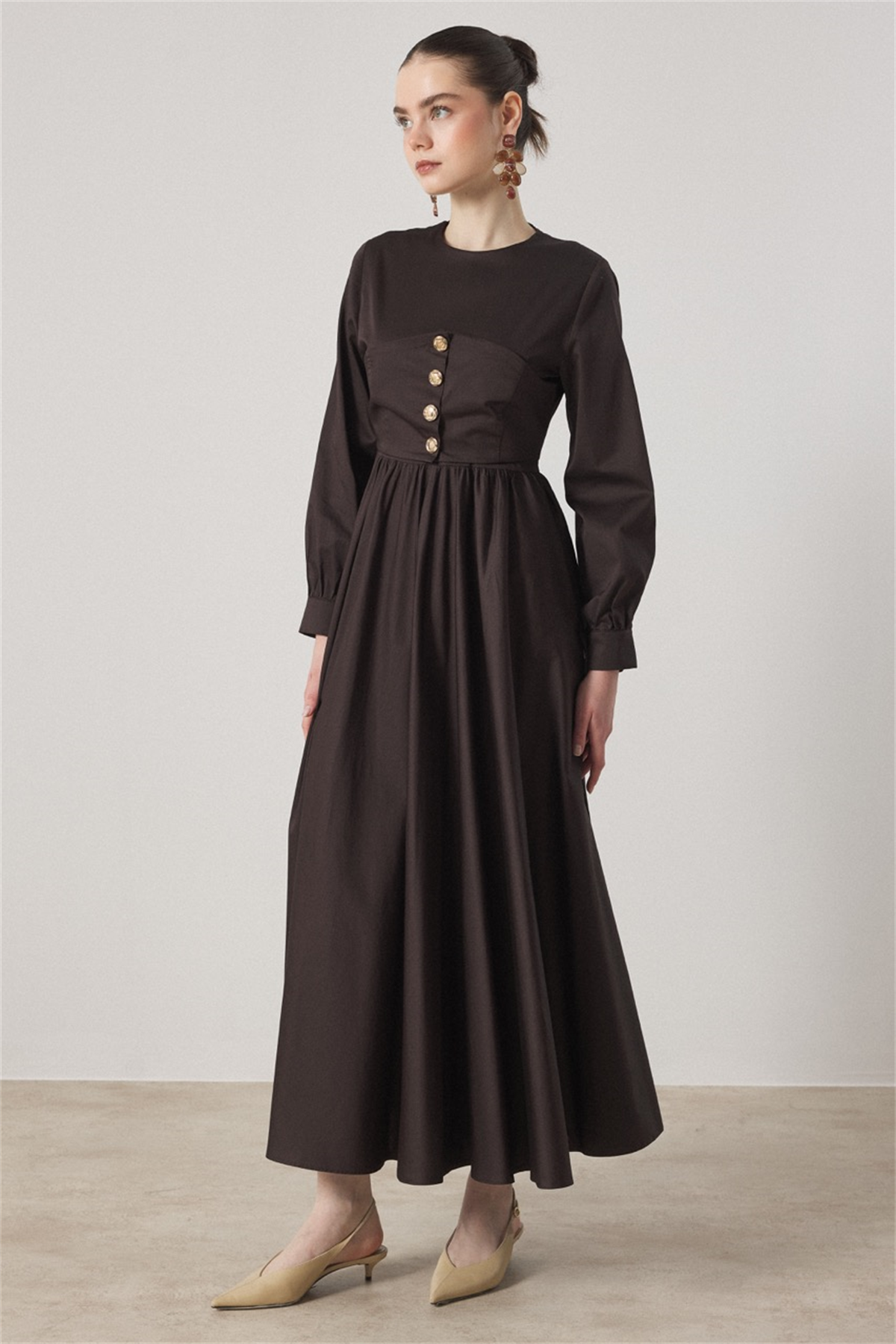 Düğme Detaylı Compact Saten Elbise - Acı Kahve