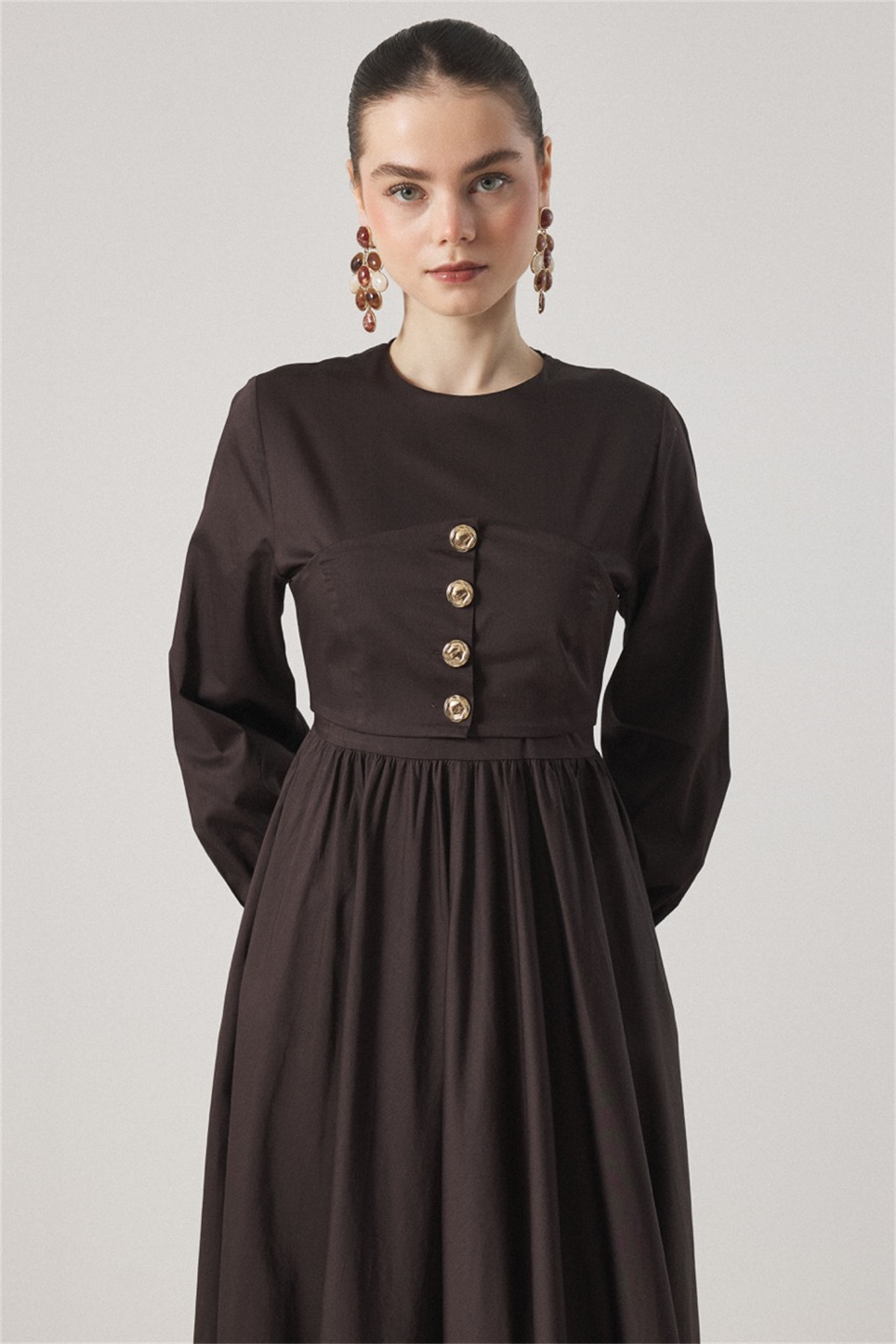 Düğme Detaylı Compact Saten Elbise - Acı Kahve