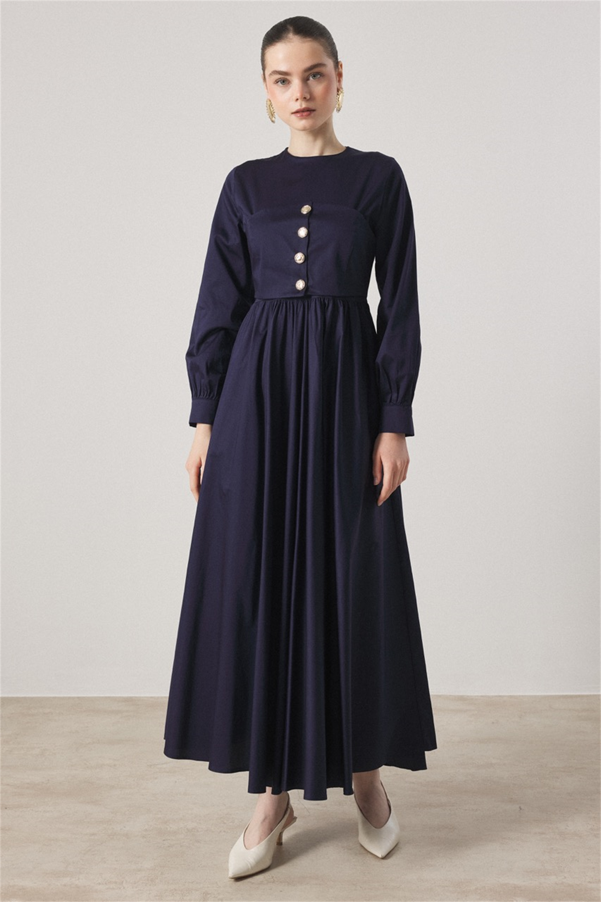 Düğme Detaylı Compact Saten Elbise - Lacivert