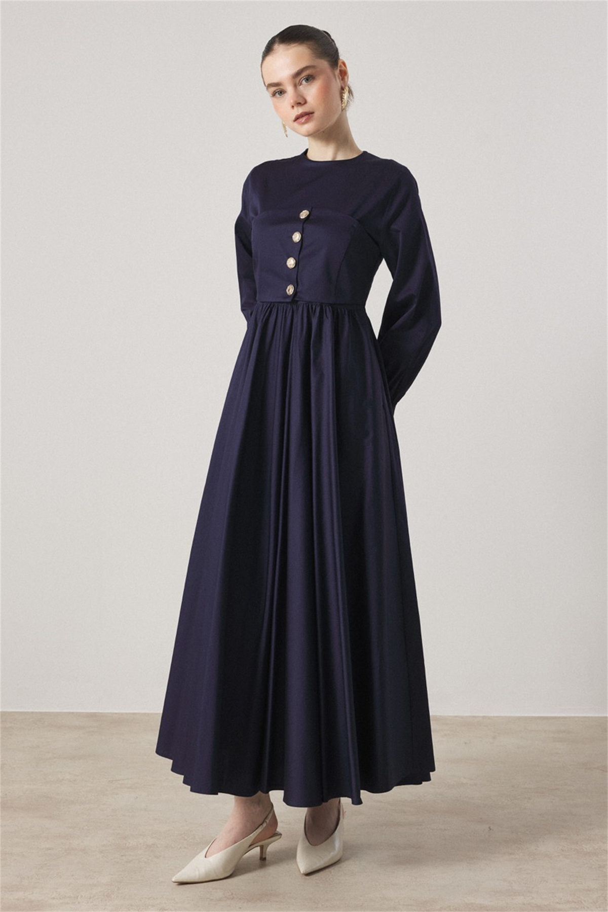 Düğme Detaylı Compact Saten Elbise - Lacivert