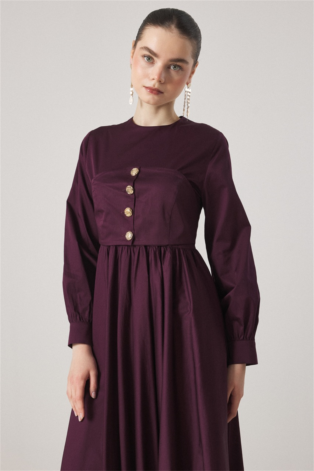 Düğme Detaylı Compact Saten Elbise - Mürdüm