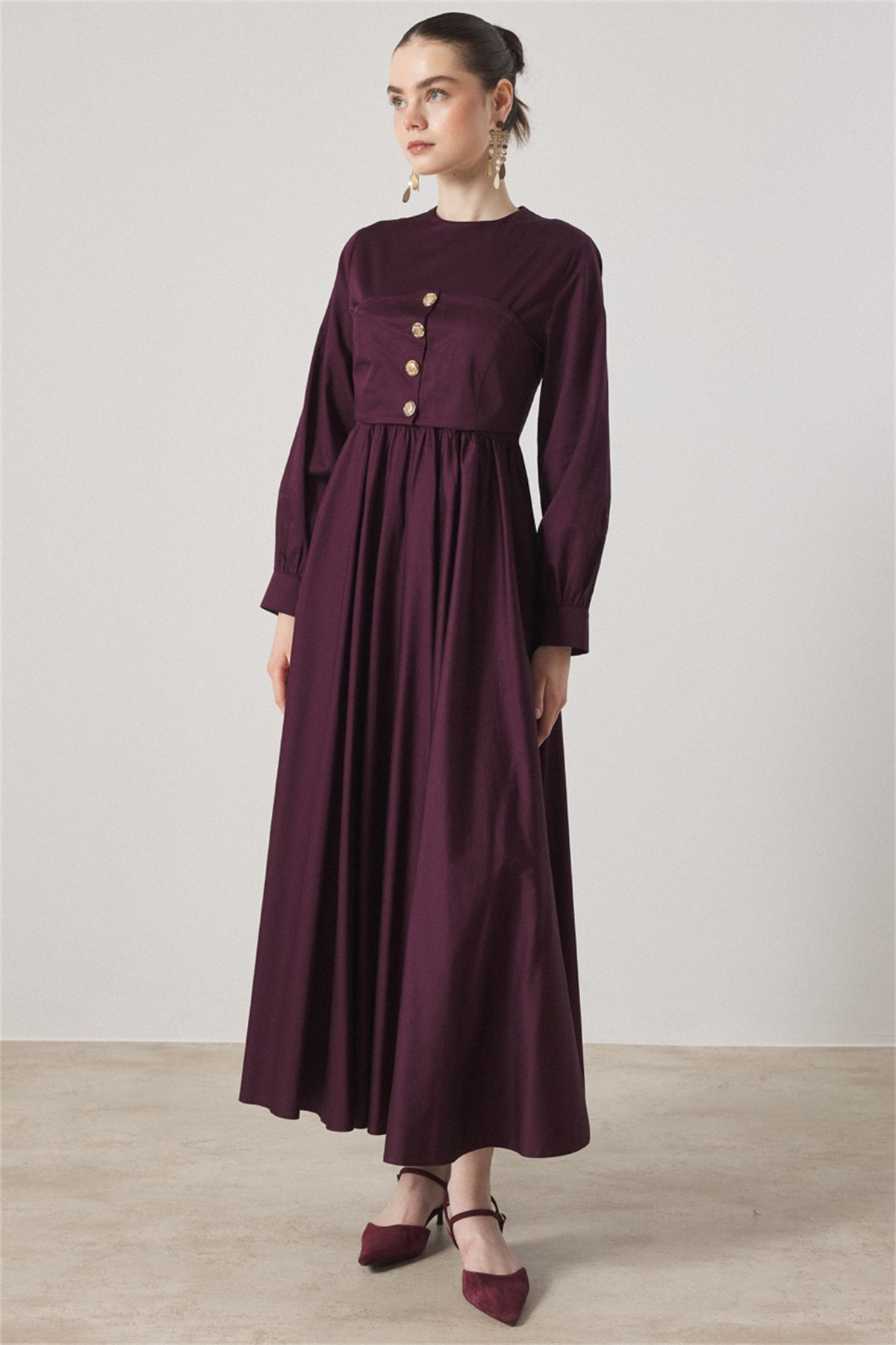 Düğme Detaylı Compact Saten Elbise - Mürdüm