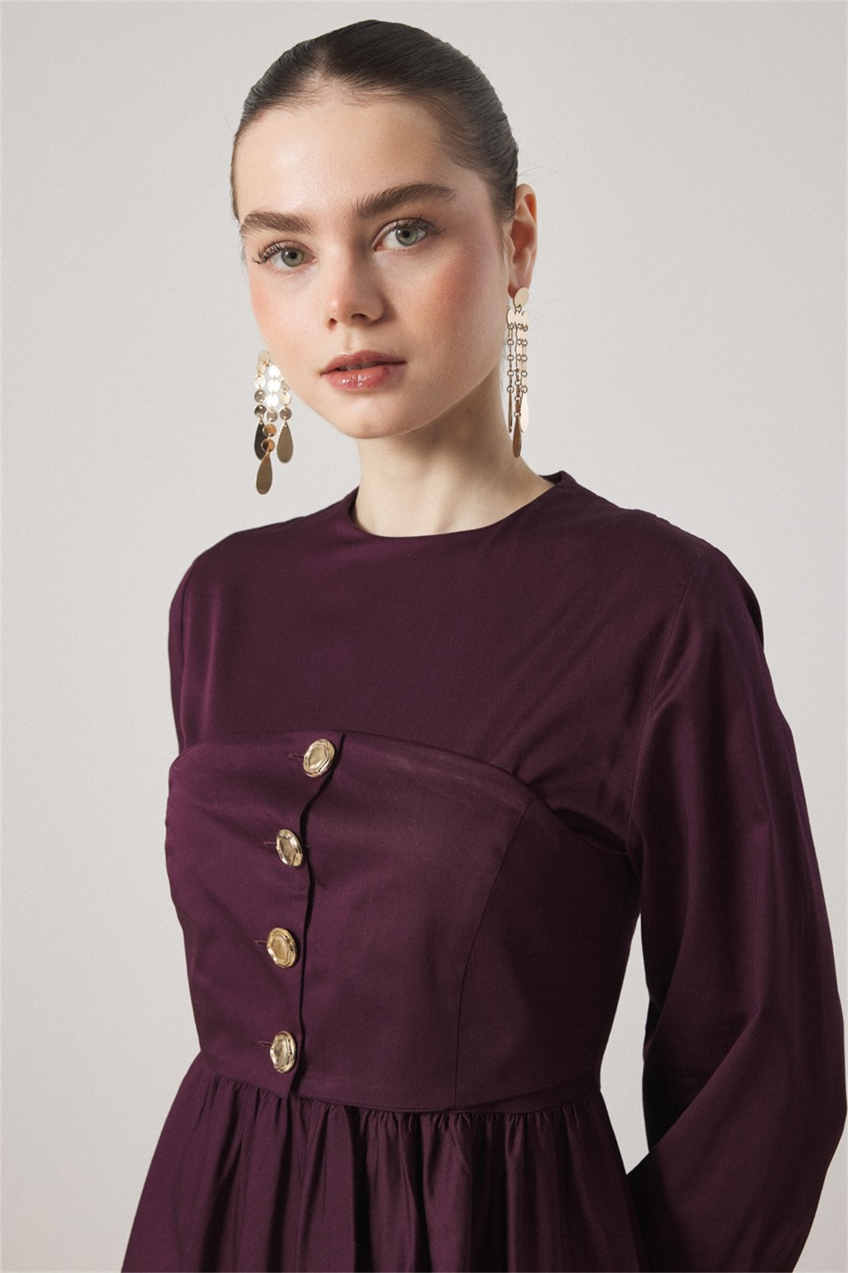 Düğme Detaylı Compact Saten Elbise - Mürdüm