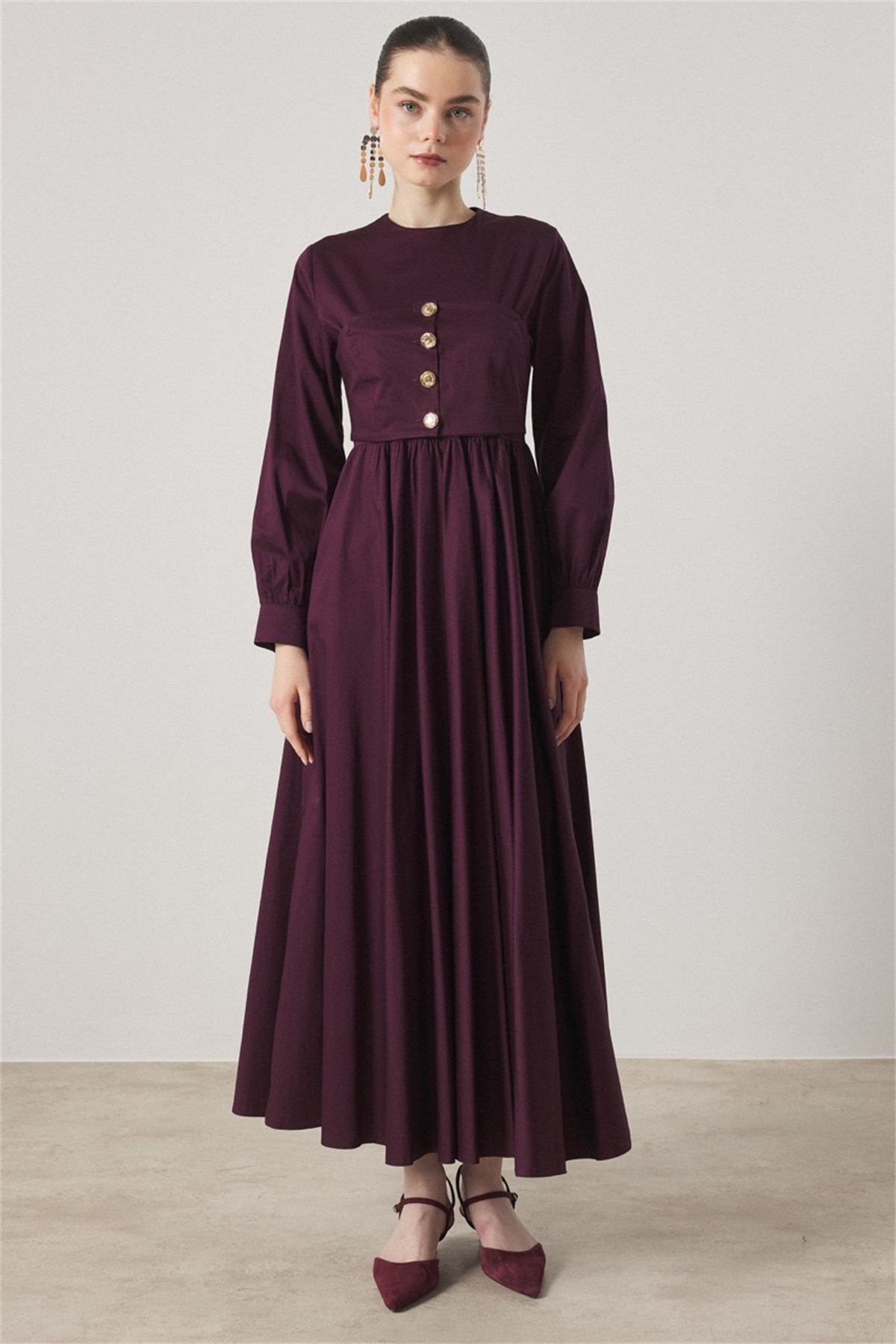 Düğme Detaylı Compact Saten Elbise - Mürdüm