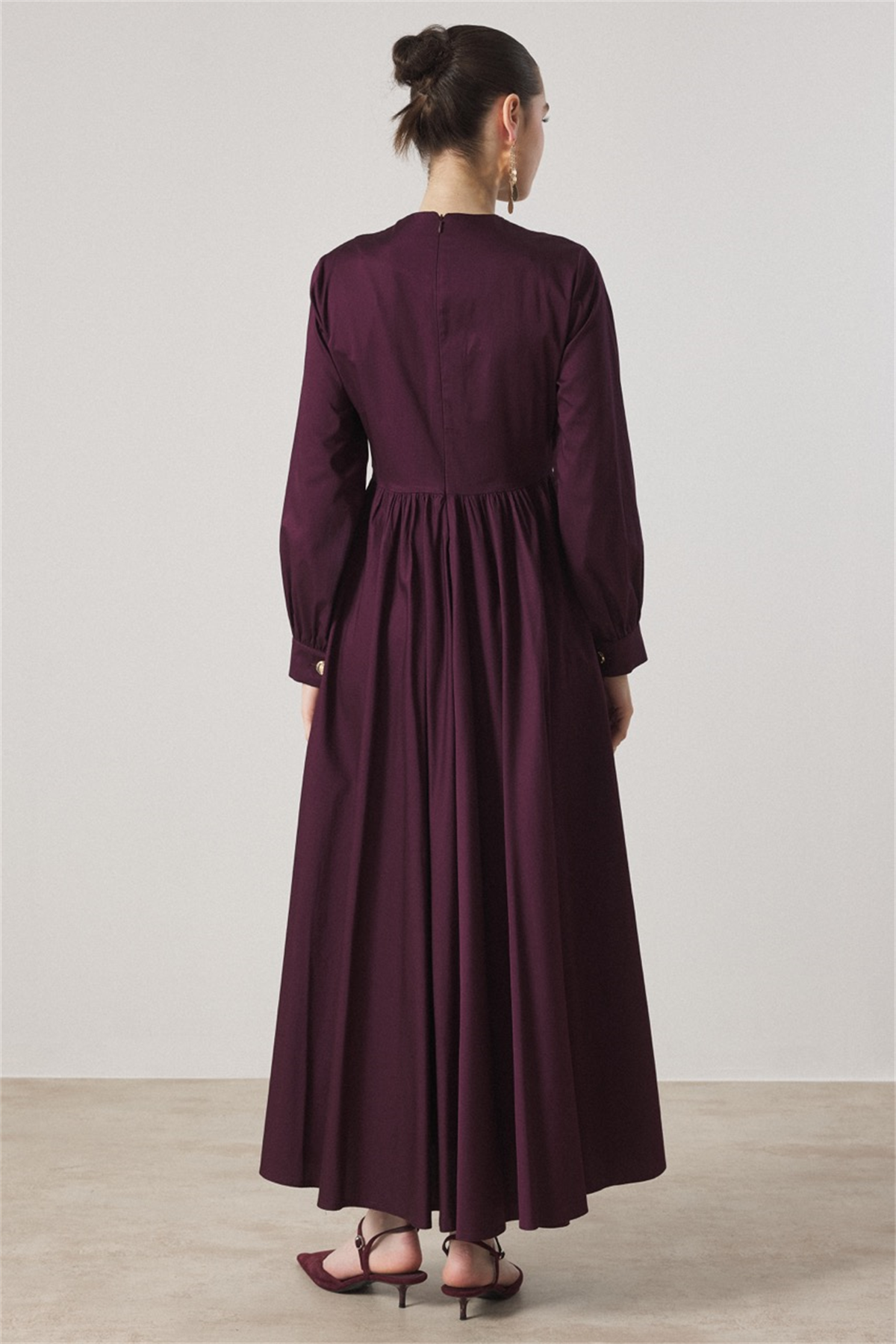 Düğme Detaylı Compact Saten Elbise - Mürdüm