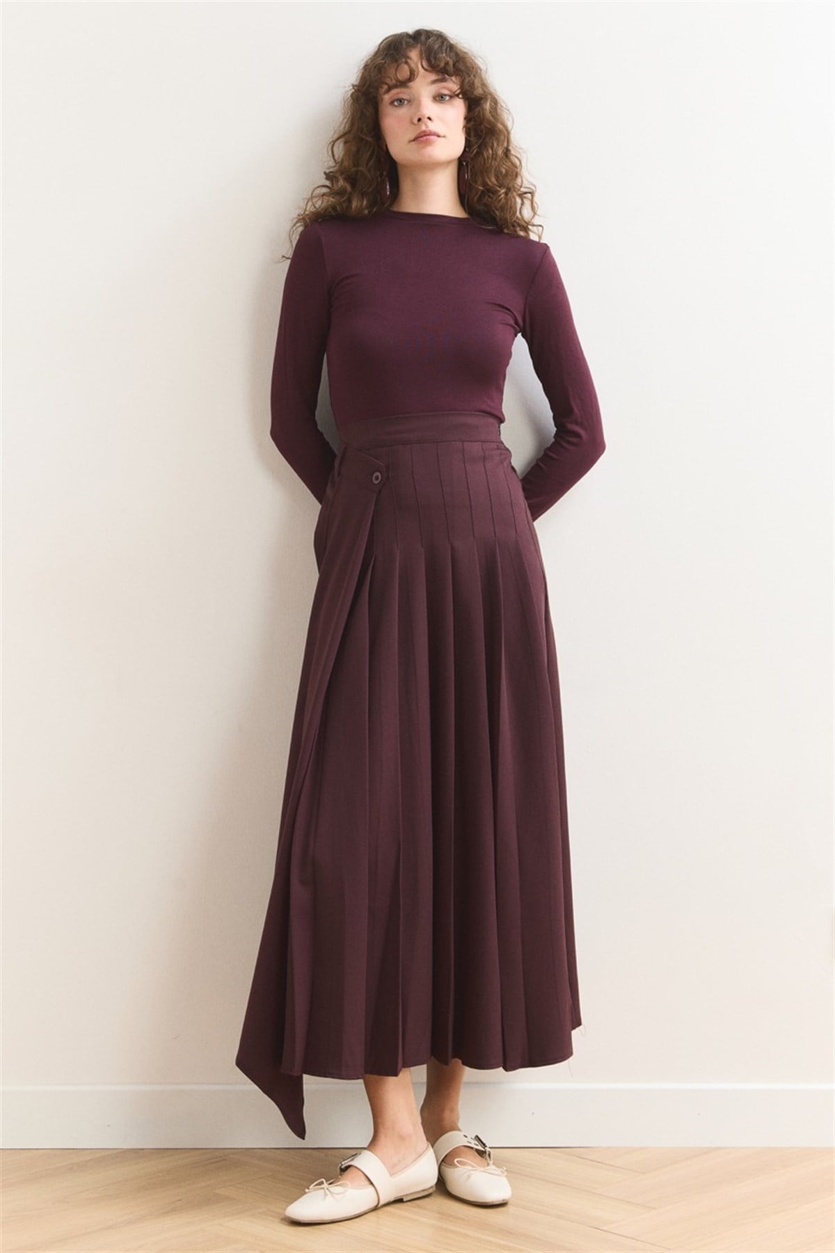 Düğme Detaylı Pileli Etek - Bordo