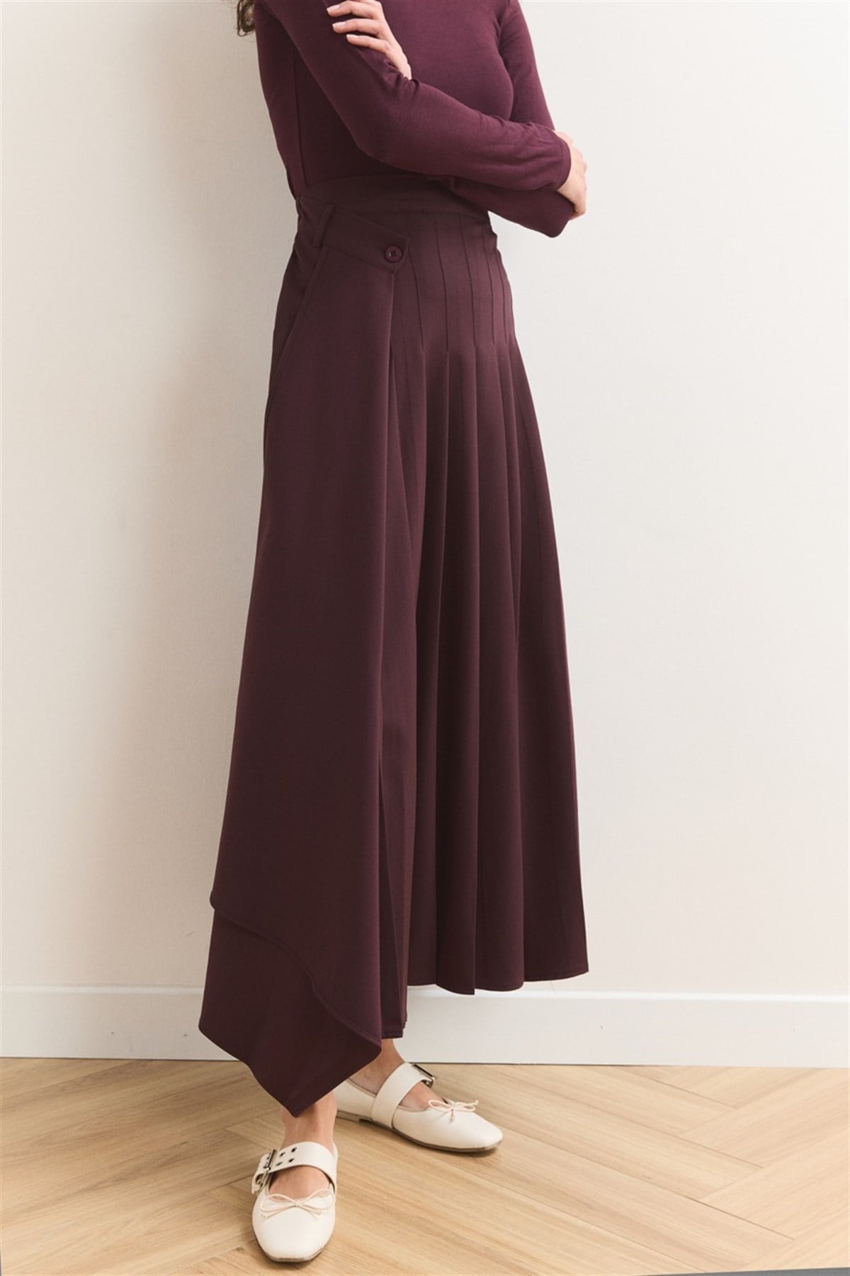Düğme Detaylı Pileli Etek - Bordo
