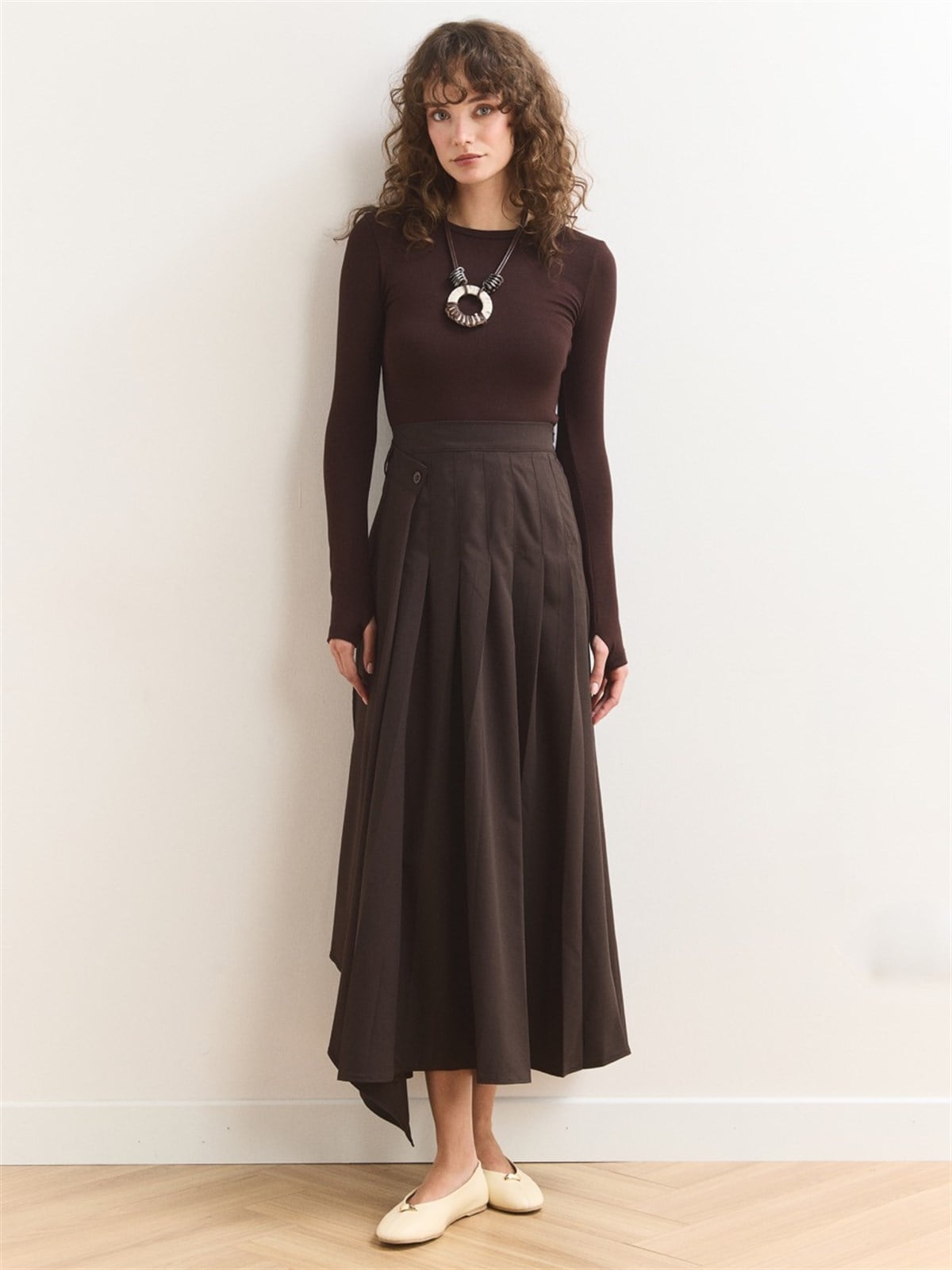 Düğme Detaylı Pileli Etek - Kahve