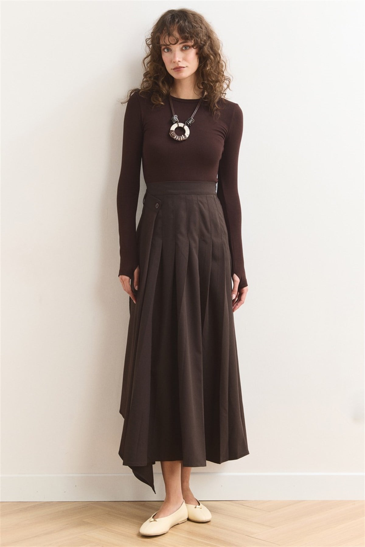 Düğme Detaylı Pileli Etek - Kahve