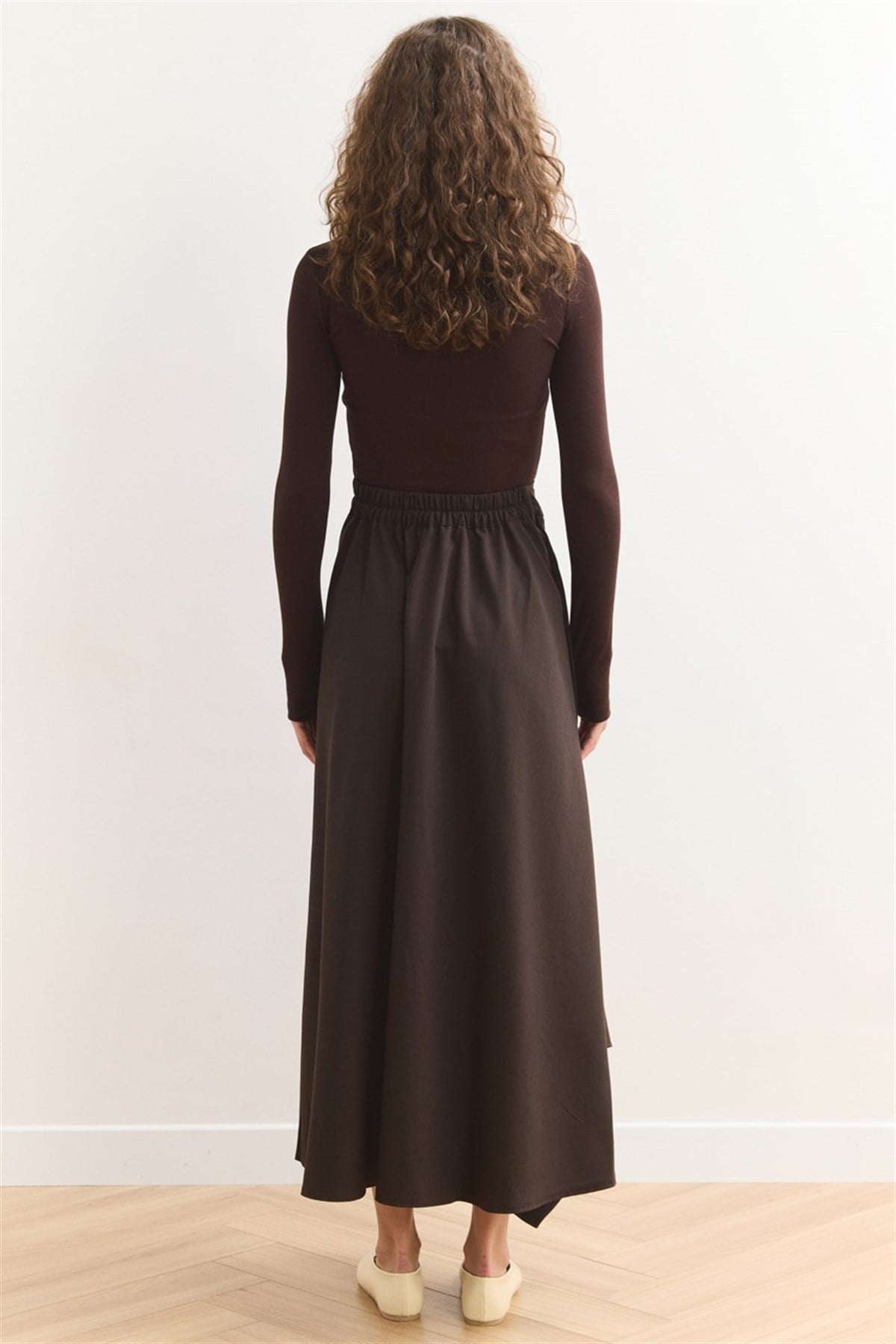 Düğme Detaylı Pileli Etek - Kahve