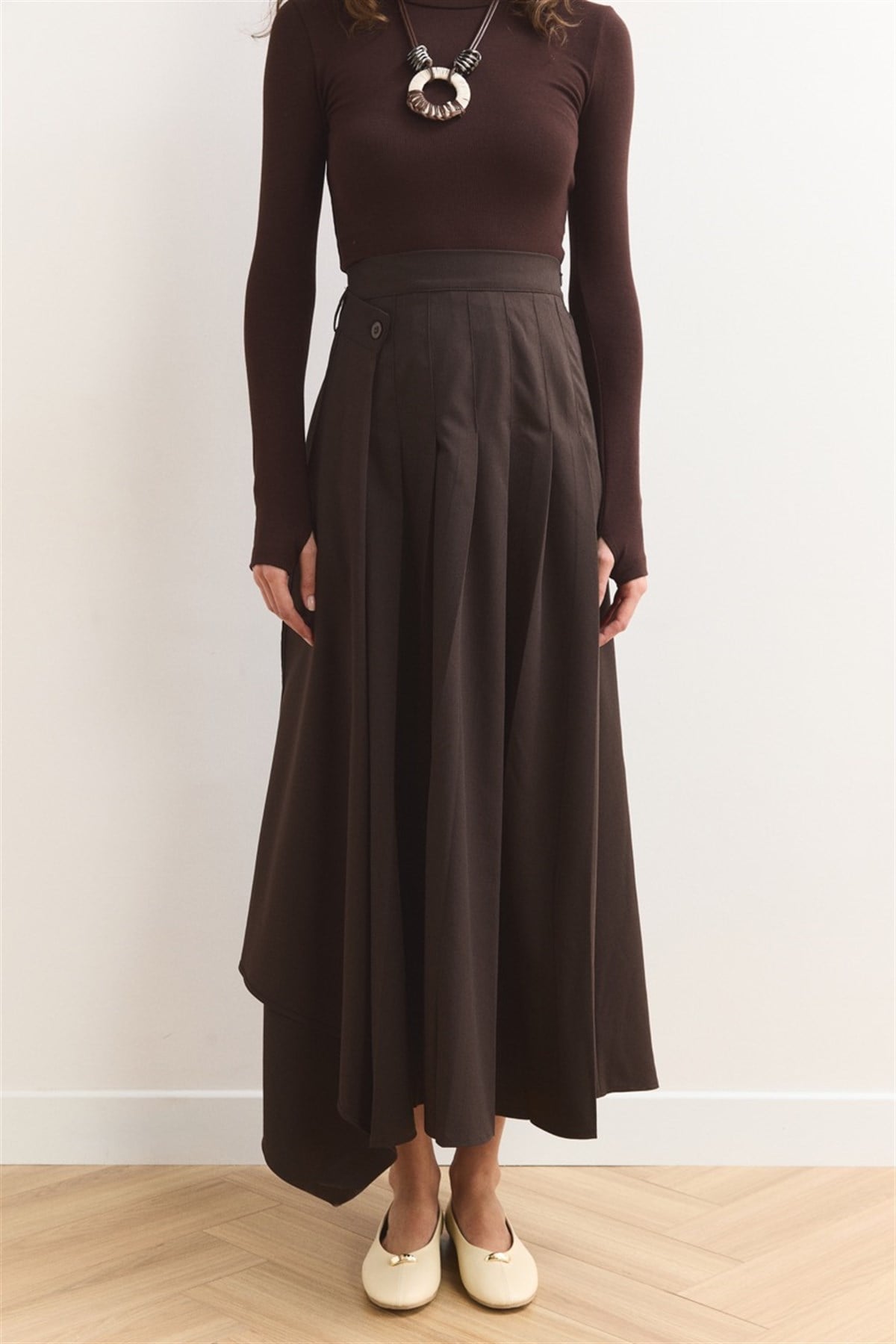 Düğme Detaylı Pileli Etek - Kahve