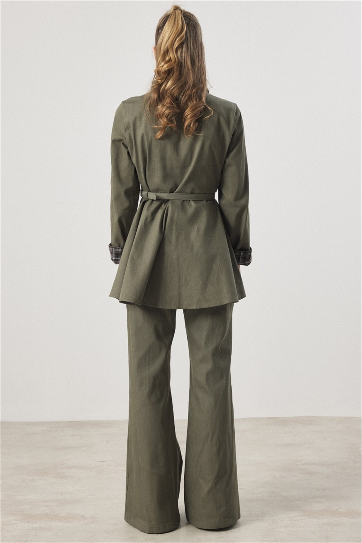 Ekose Detaylı Kemerli Kot Takım - Haki