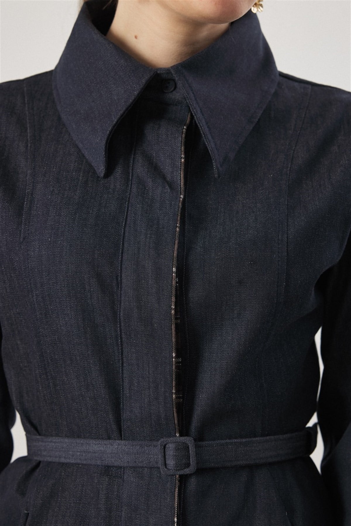 Ekose Detaylı Kemerli Kot Takım - Lacivert