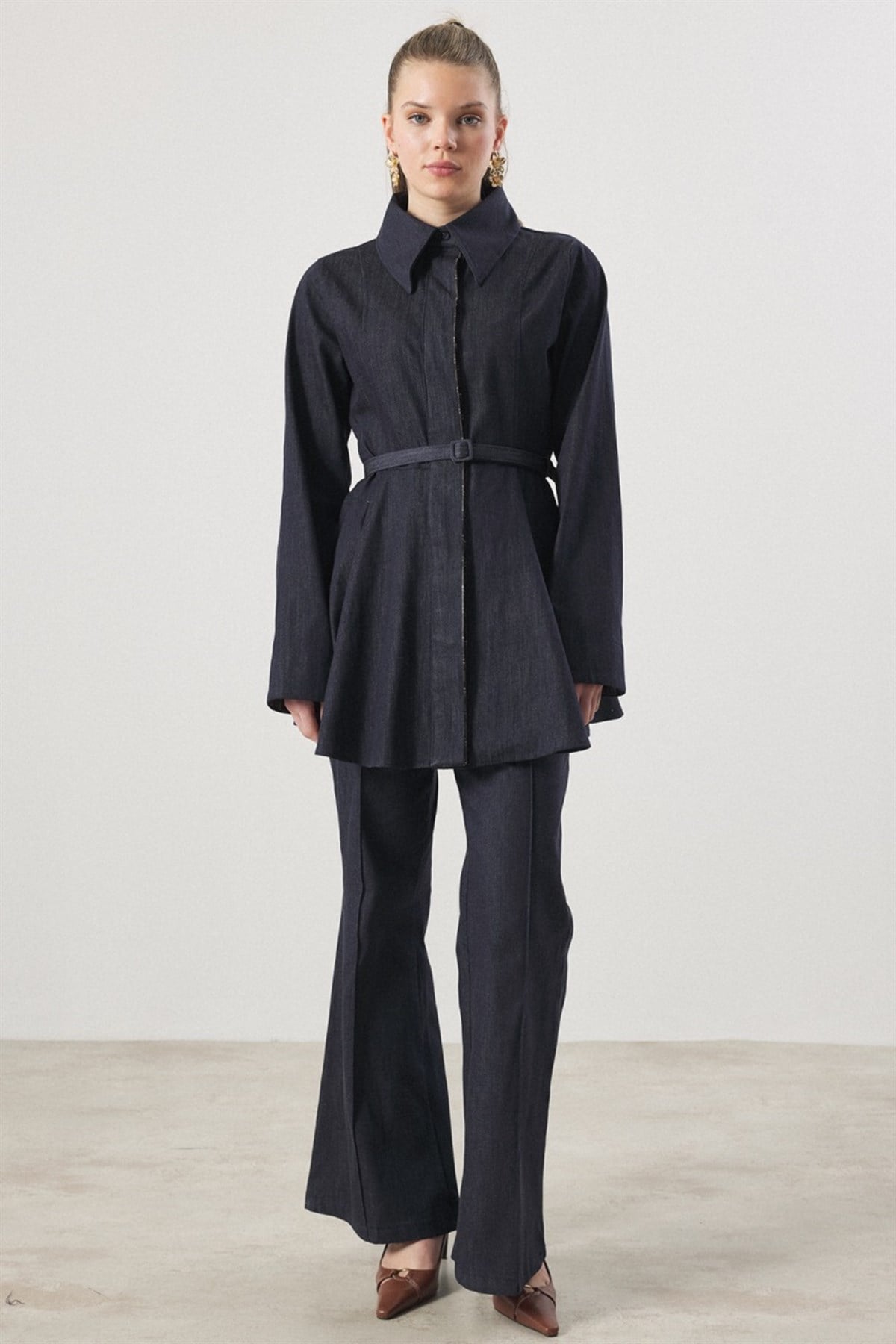 Ekose Detaylı Kemerli Kot Takım - Lacivert