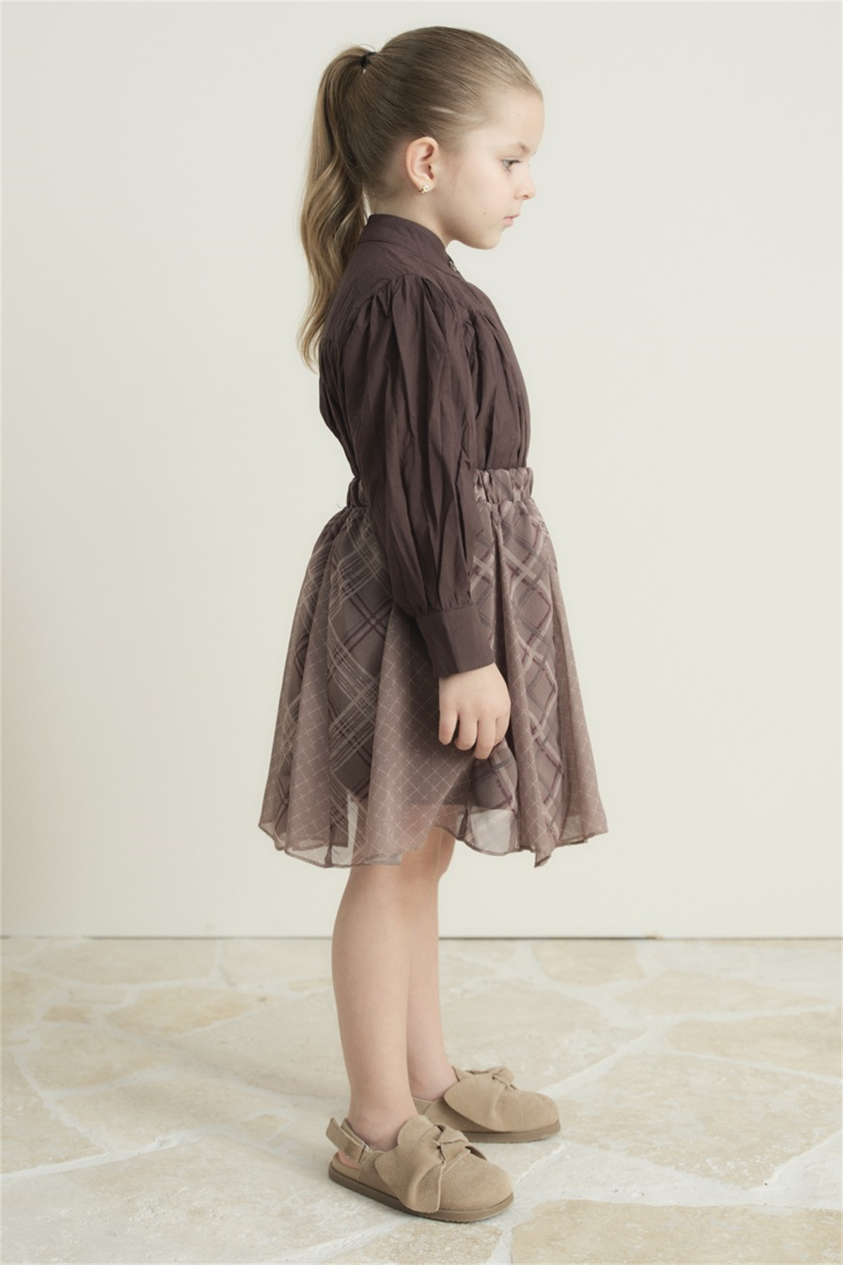 Ekose Şifon Baskılı Etek - Bej