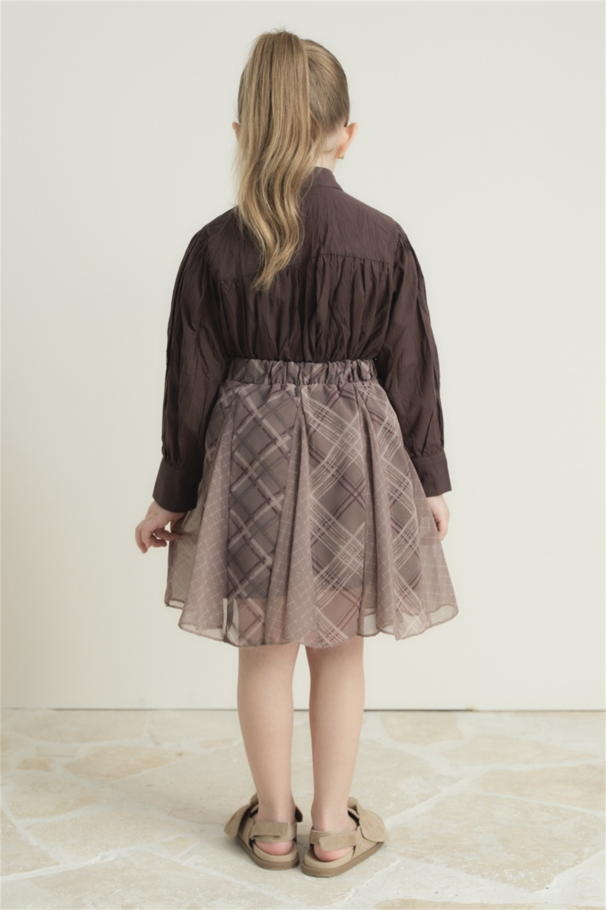 Ekose Şifon Baskılı Etek - Bej