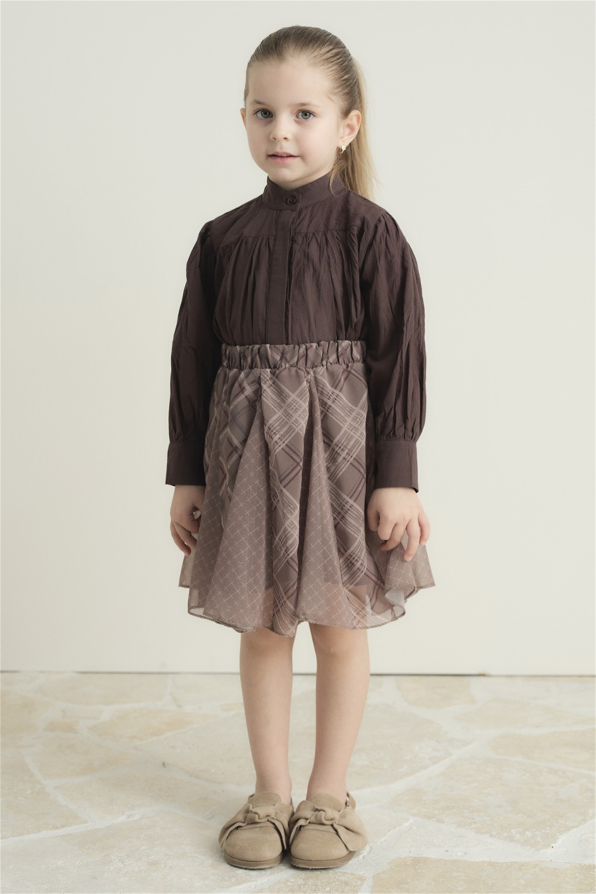 Ekose Şifon Baskılı Etek - Bej