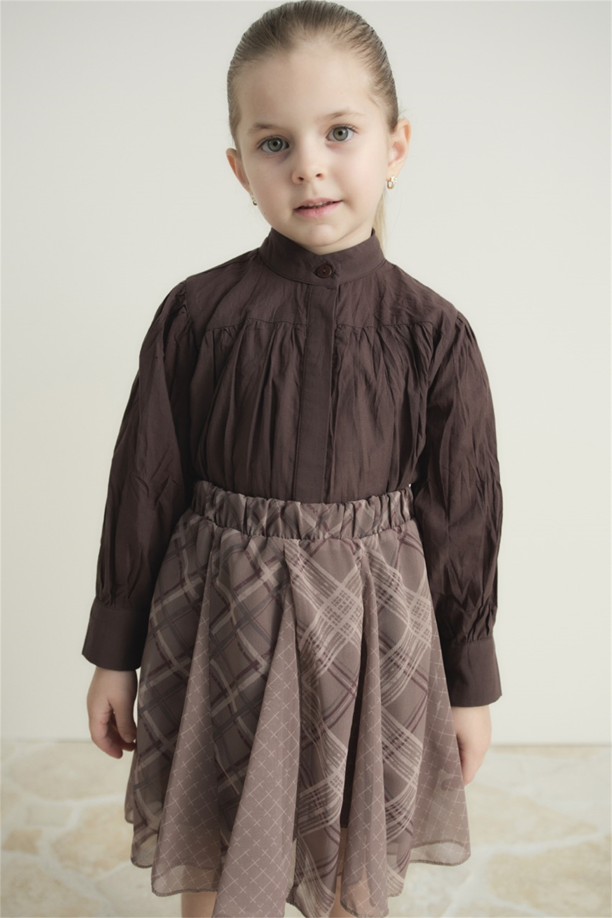 Ekose Şifon Baskılı Etek - Bej