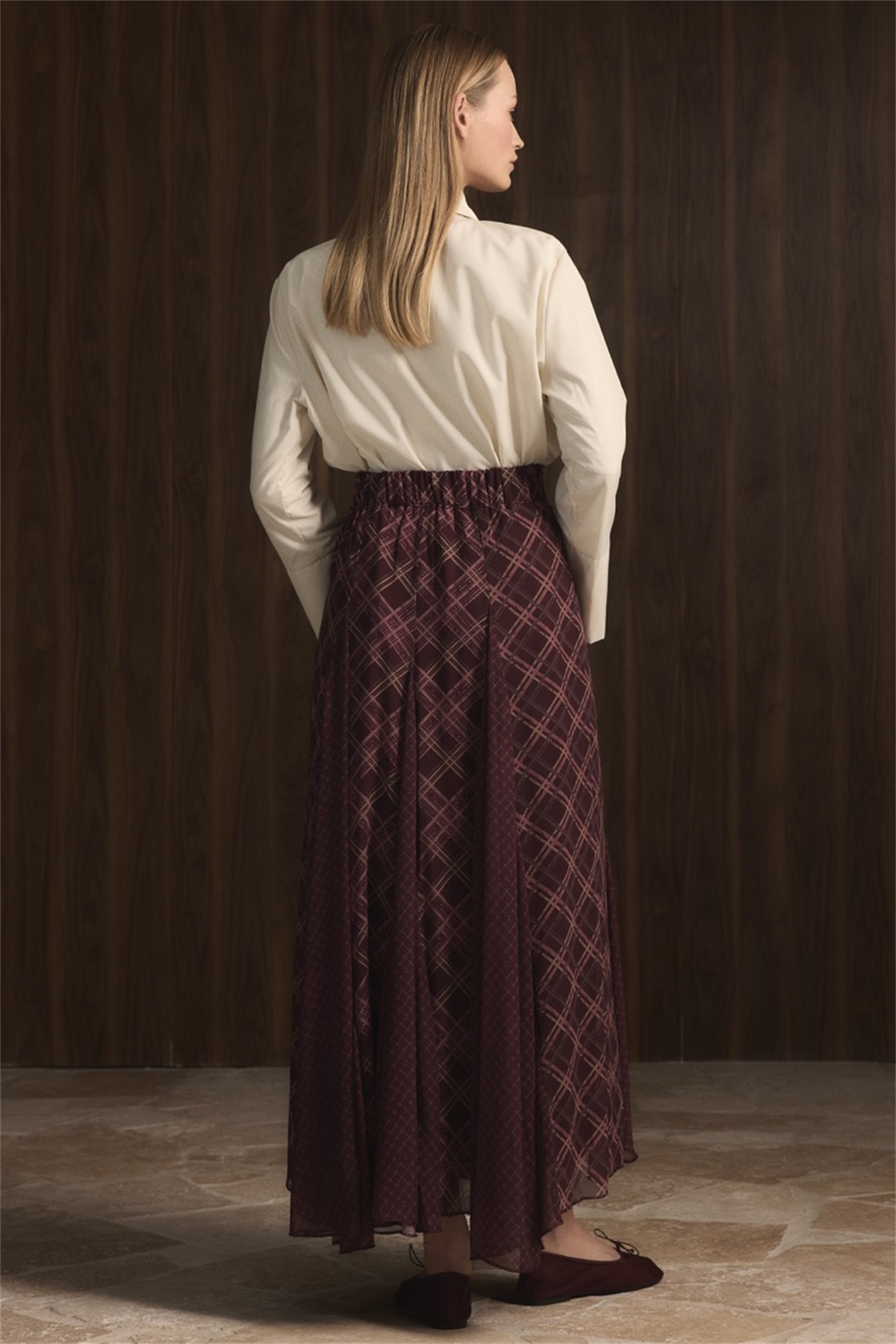 Ekose Şifon Baskılı Etek - Bordo