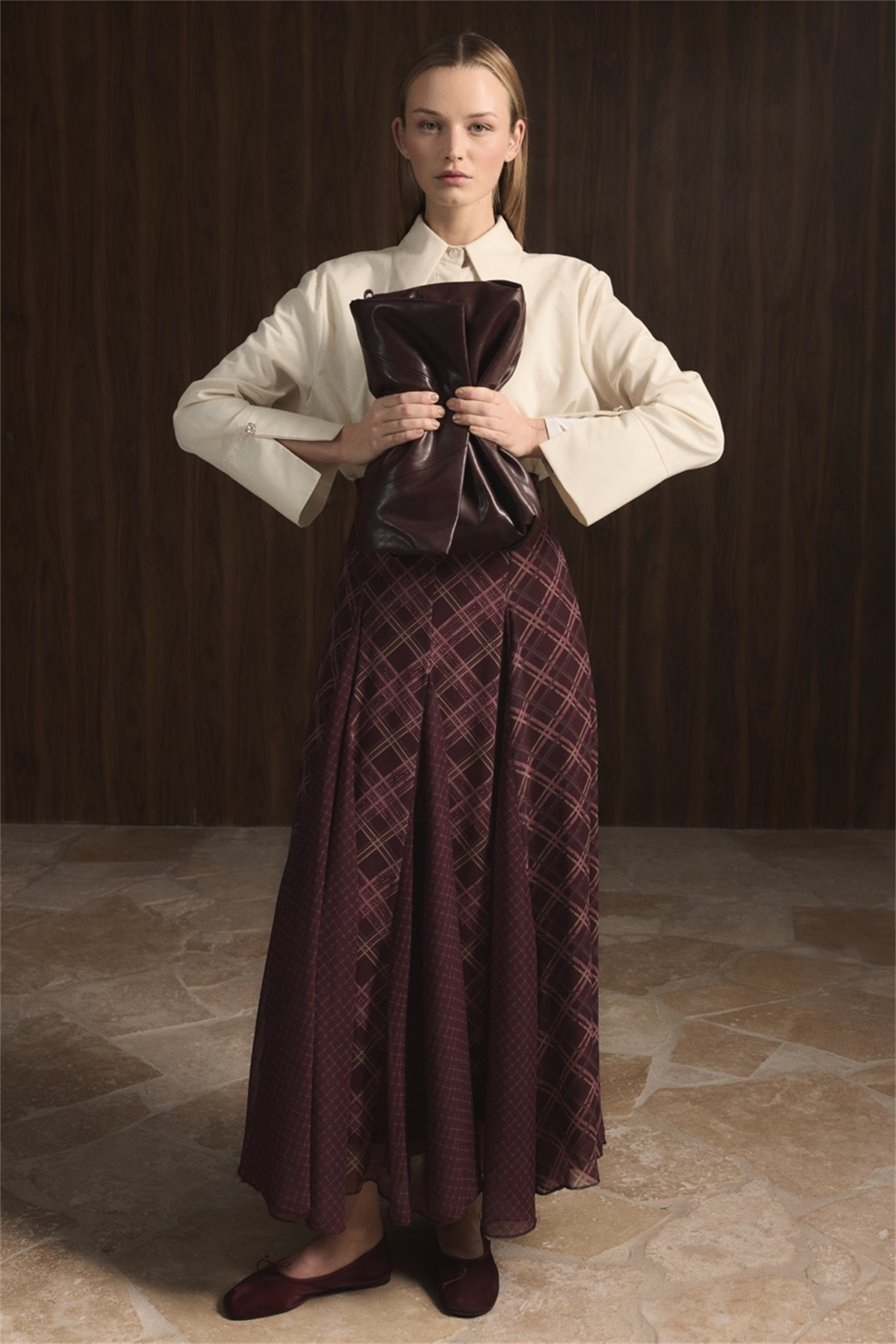 Ekose Şifon Baskılı Etek - Bordo