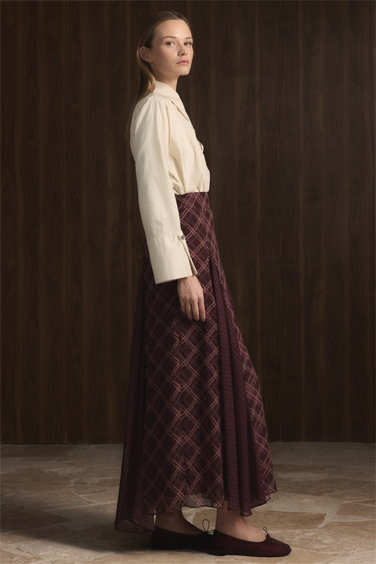 Ekose Şifon Baskılı Etek - Bordo