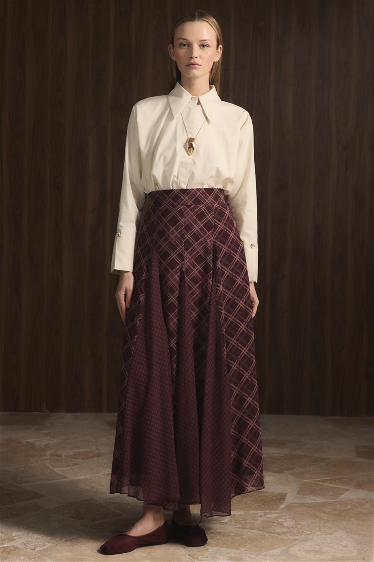 Ekose Şifon Baskılı Etek - Bordo