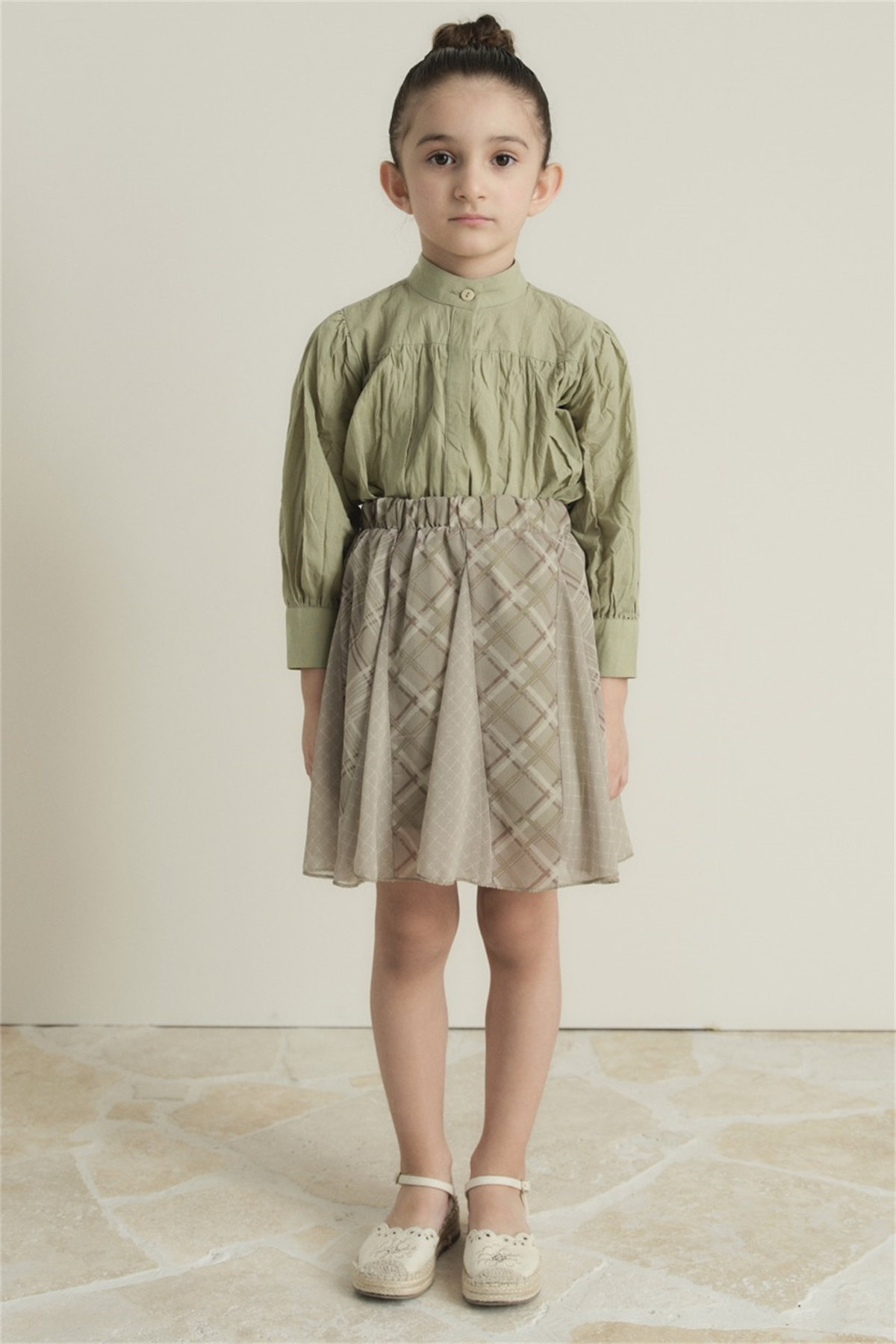 Ekose Şifon Baskılı Etek - Çağla