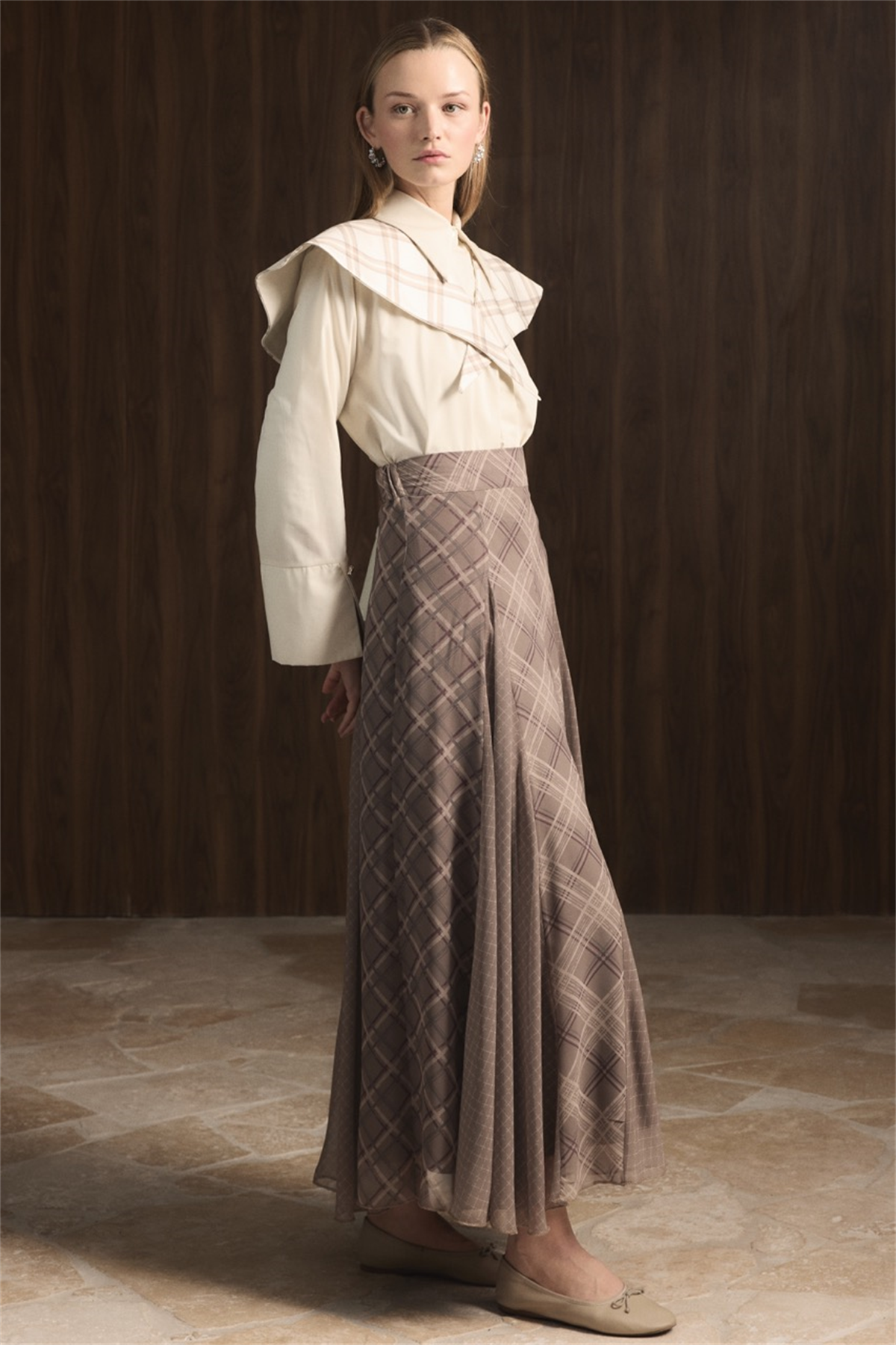 Ekose Şifon Baskılı Etek - Çağla