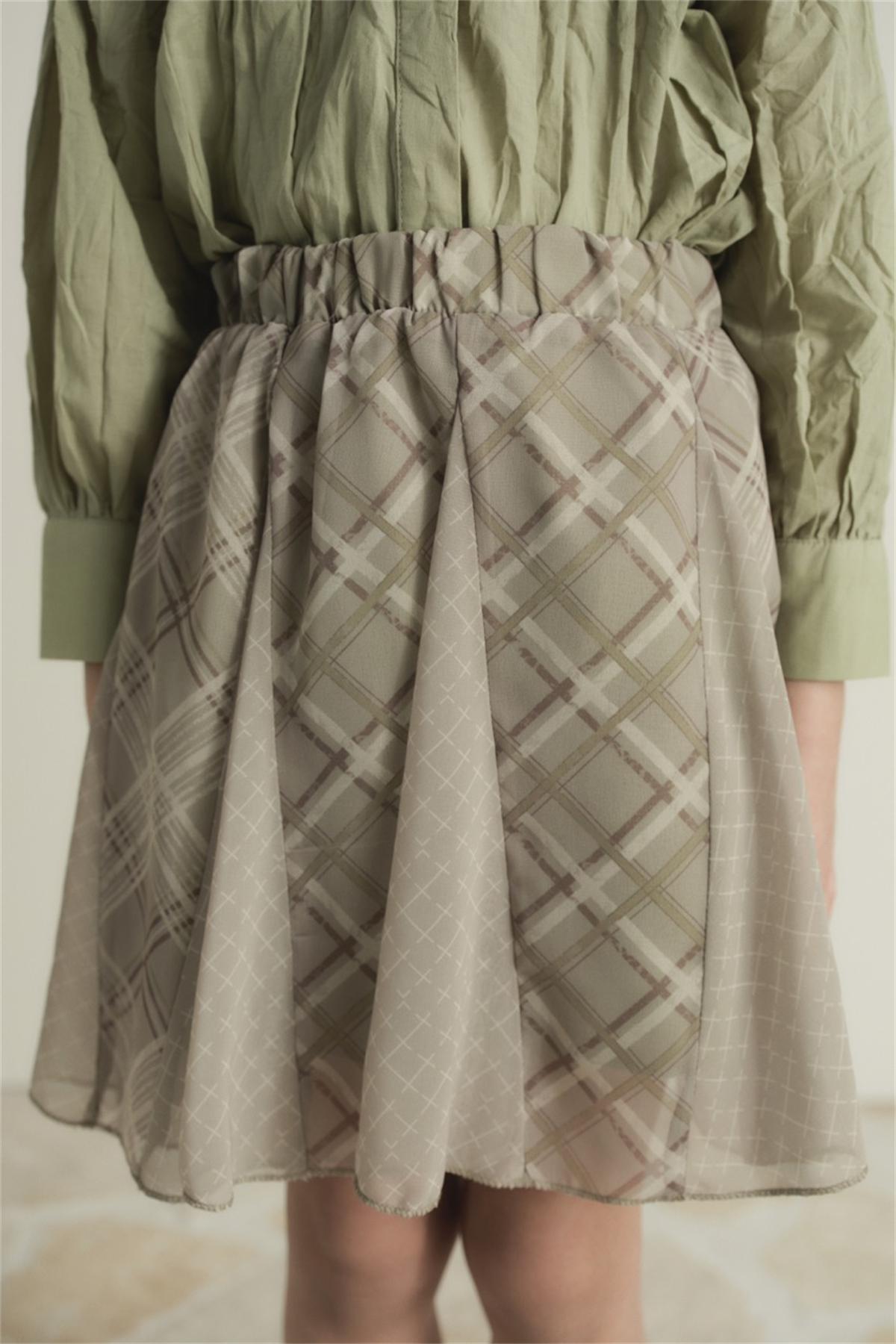 Ekose Şifon Baskılı Etek - Çağla