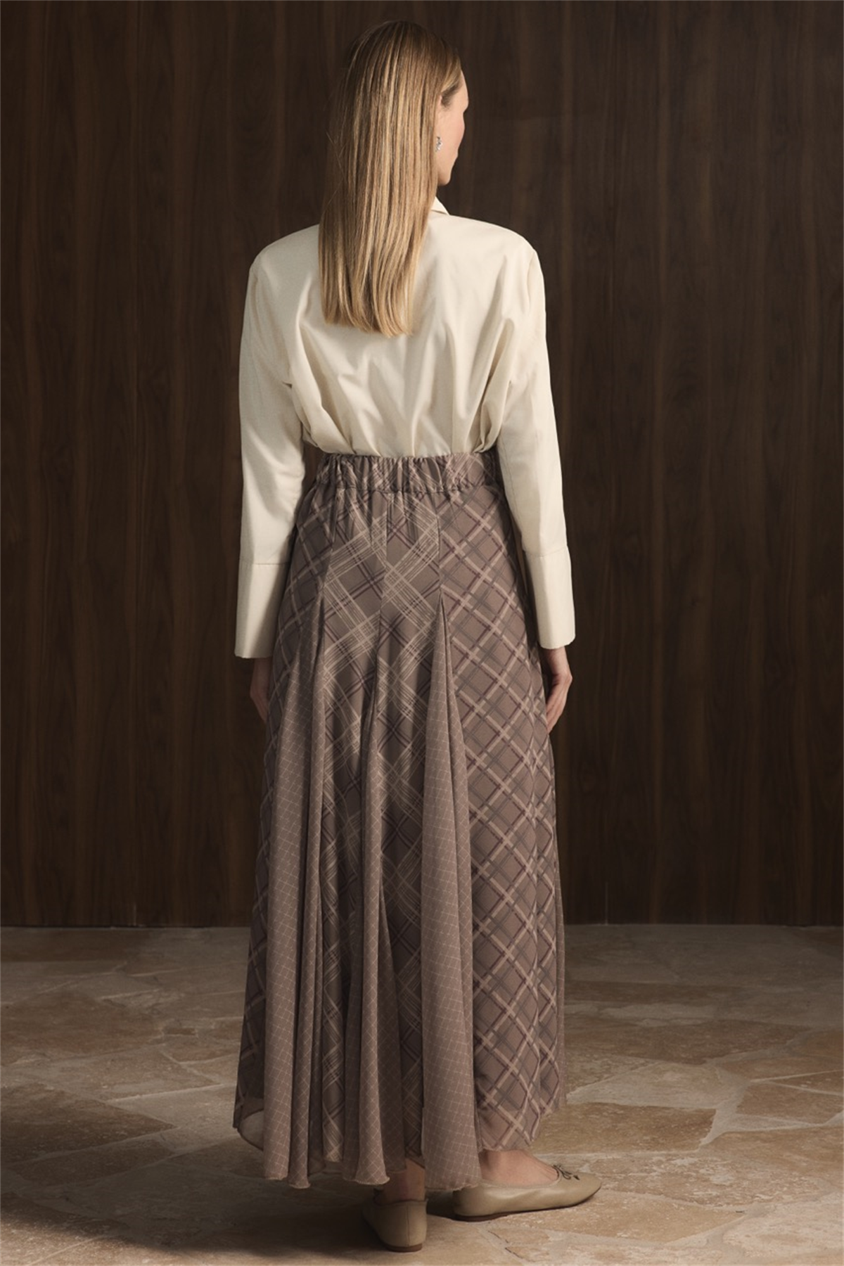 Ekose Şifon Baskılı Etek - Çağla