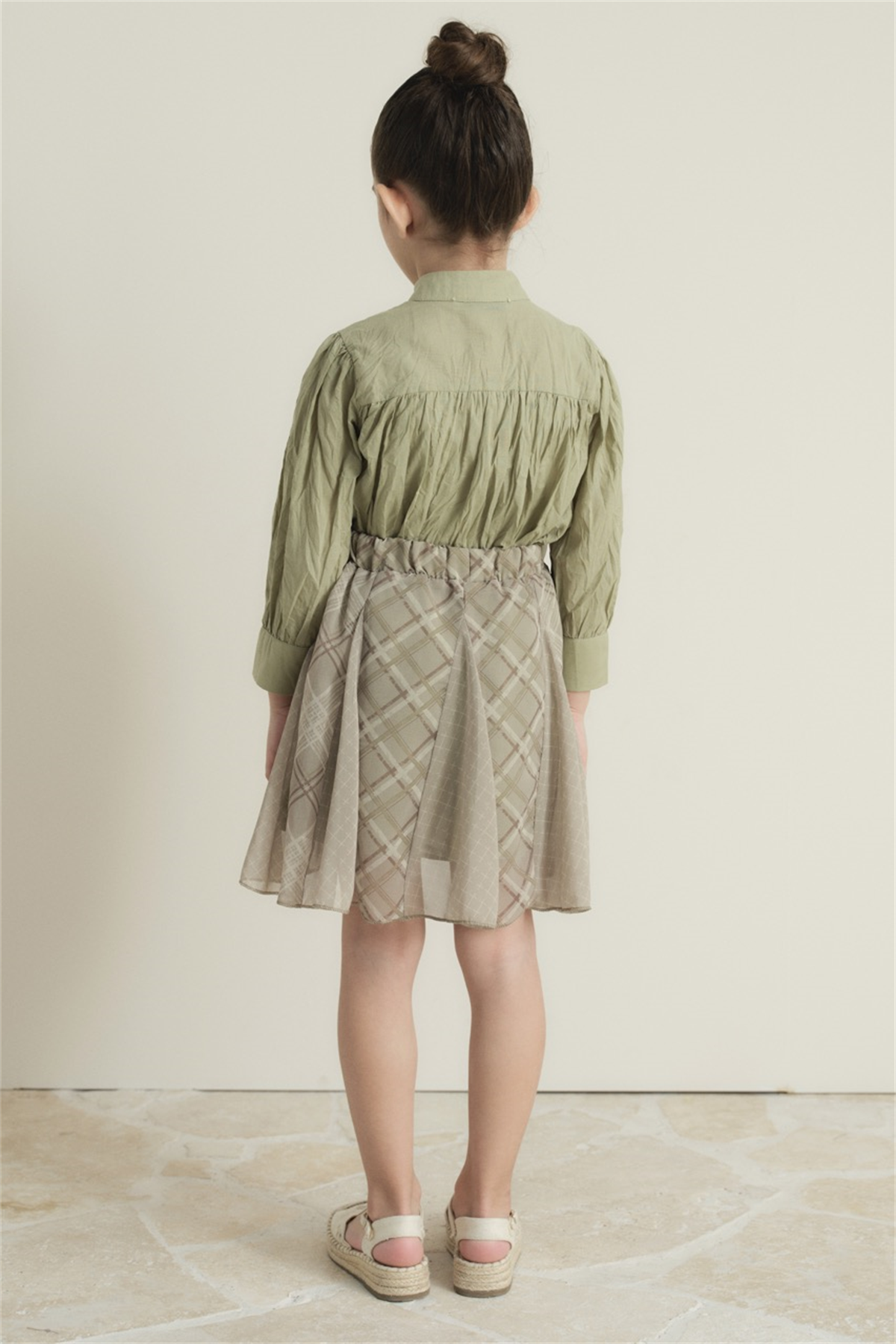 Ekose Şifon Baskılı Etek - Çağla