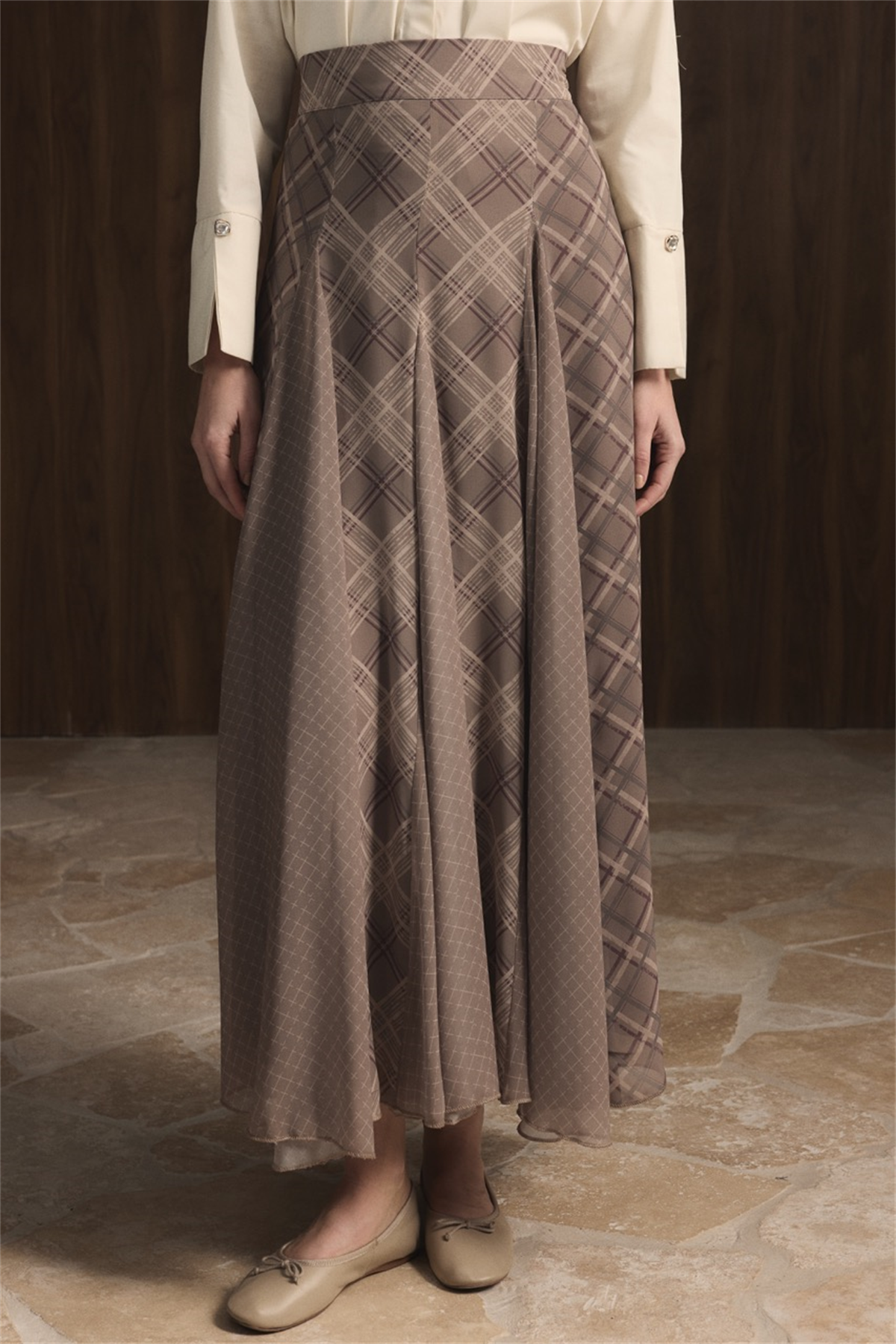 Ekose Şifon Baskılı Etek - Çağla