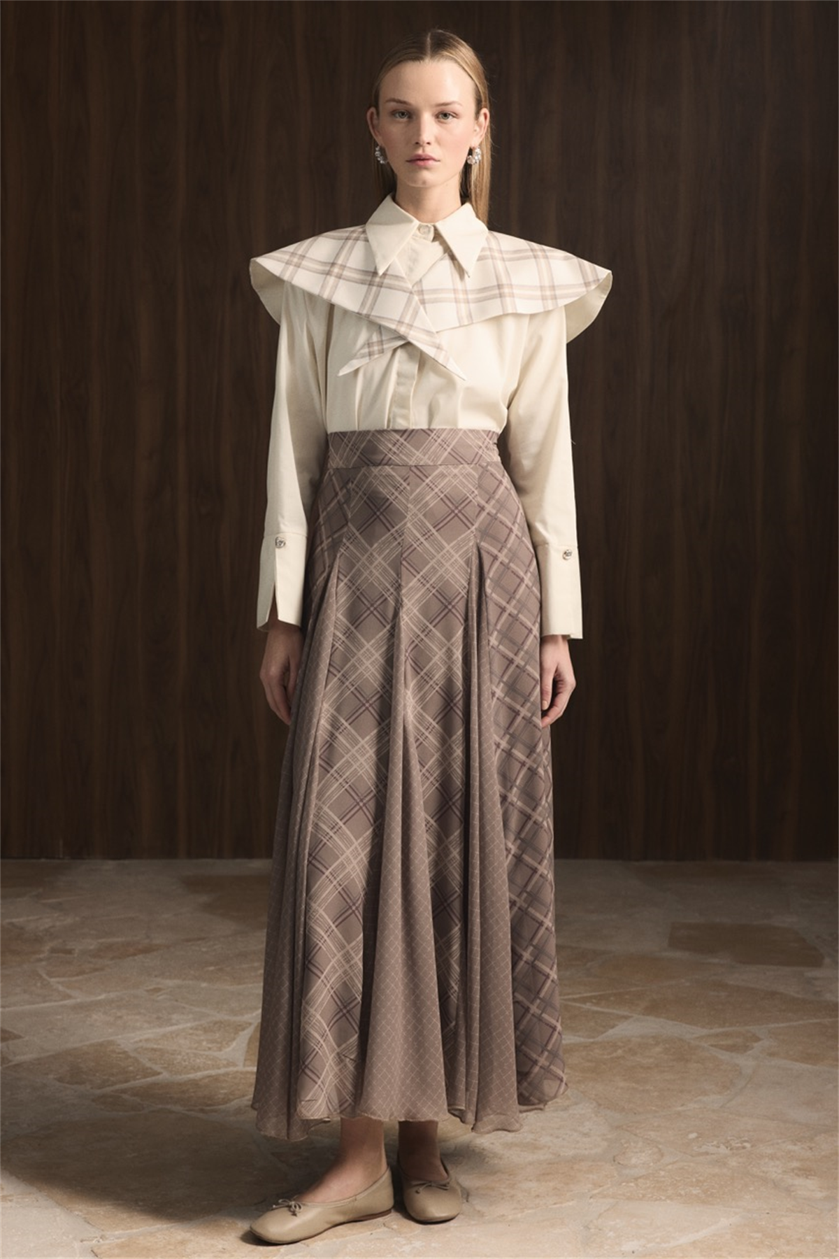 Ekose Şifon Baskılı Etek - Çağla