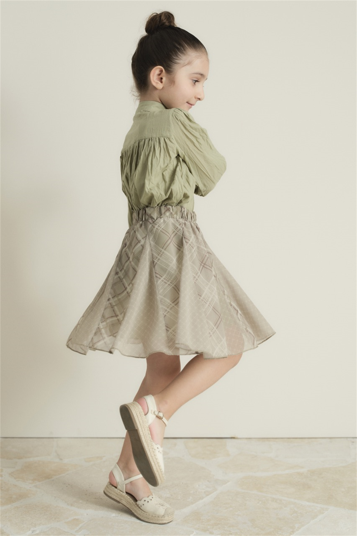 Ekose Şifon Baskılı Etek - Çağla