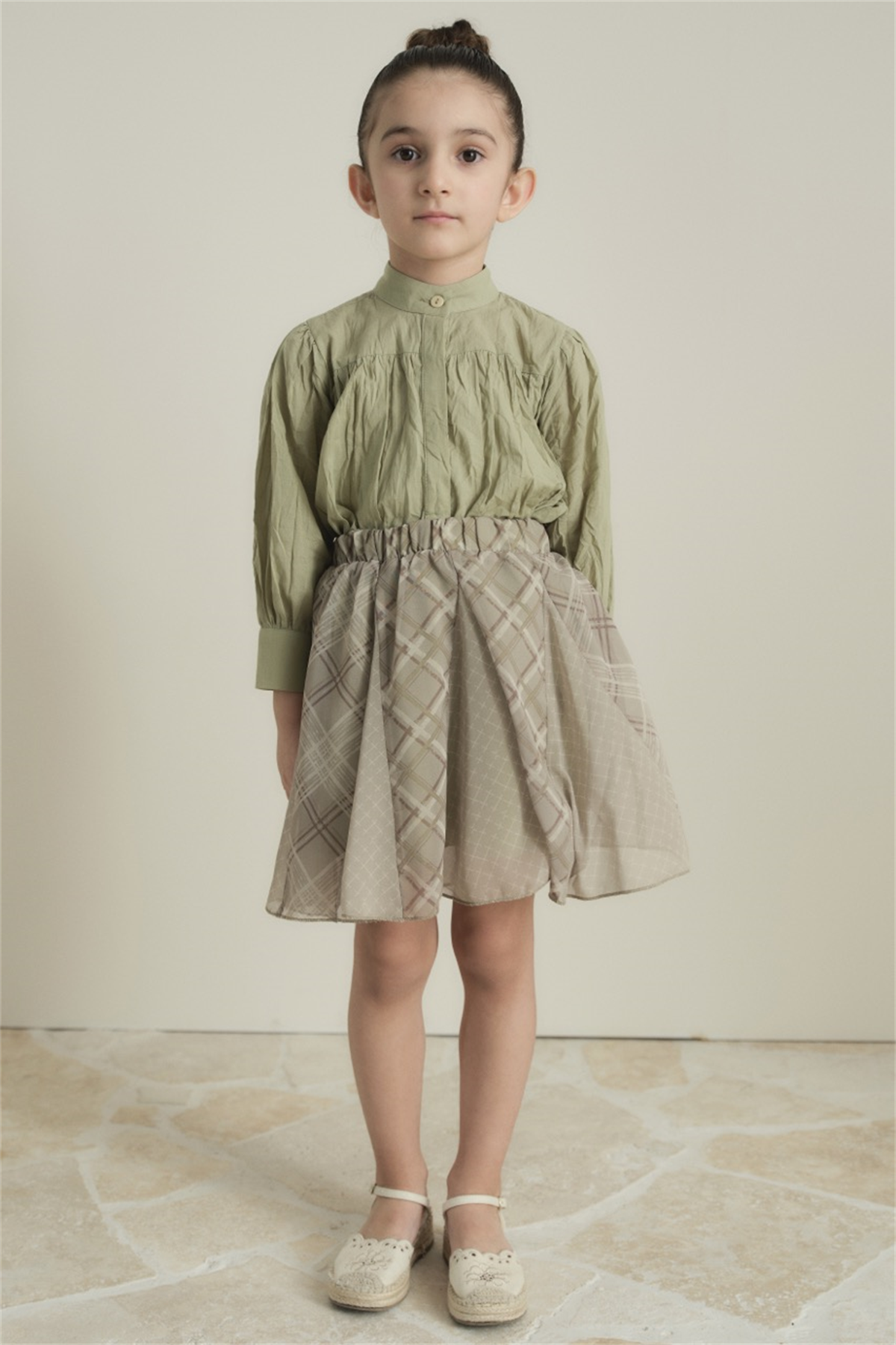 Ekose Şifon Baskılı Etek - Çağla