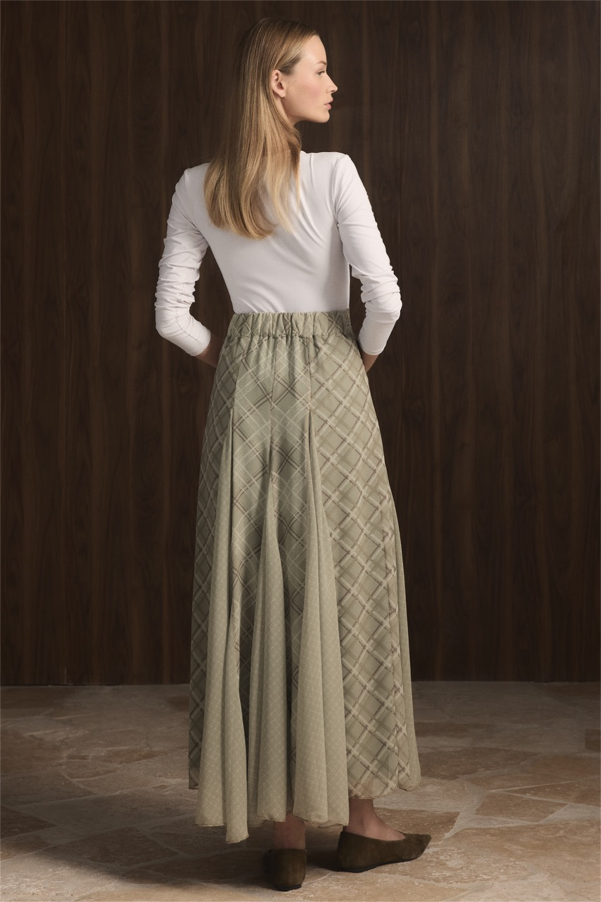 Ekose Şifon Baskılı Etek - Haki